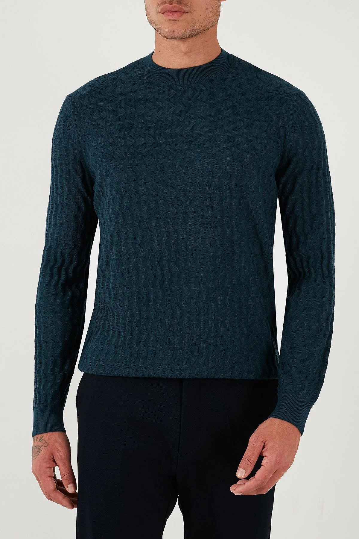 Armani Exchange Yün Karışımlı Regular Fit Bisiklet Yaka Dalgalı Dokuma Erkek Kazak XM001560 AF11982 FB068 PETROL - 1