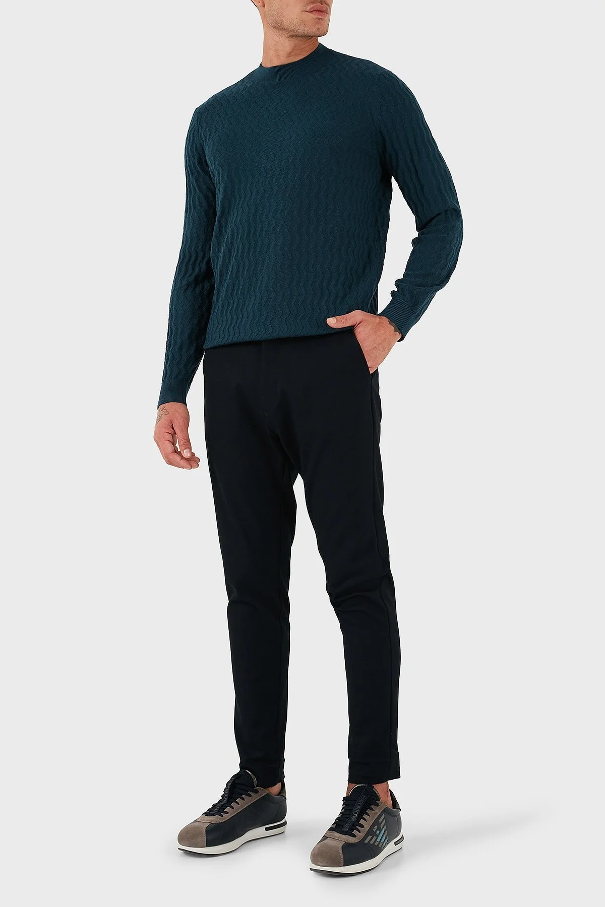 Armani Exchange Yün Karışımlı Regular Fit Bisiklet Yaka Dalgalı Dokuma Erkek Kazak XM001560 AF11982 FB068 PETROL - 2