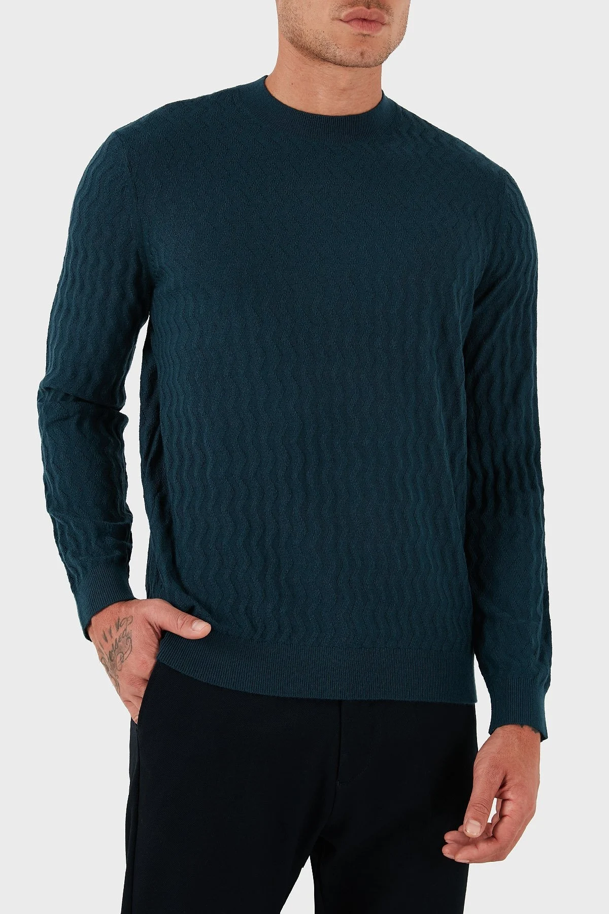 Armani Exchange Yün Karışımlı Regular Fit Bisiklet Yaka Dalgalı Dokuma Erkek Kazak XM001560 AF11982 FB068 PETROL - 5