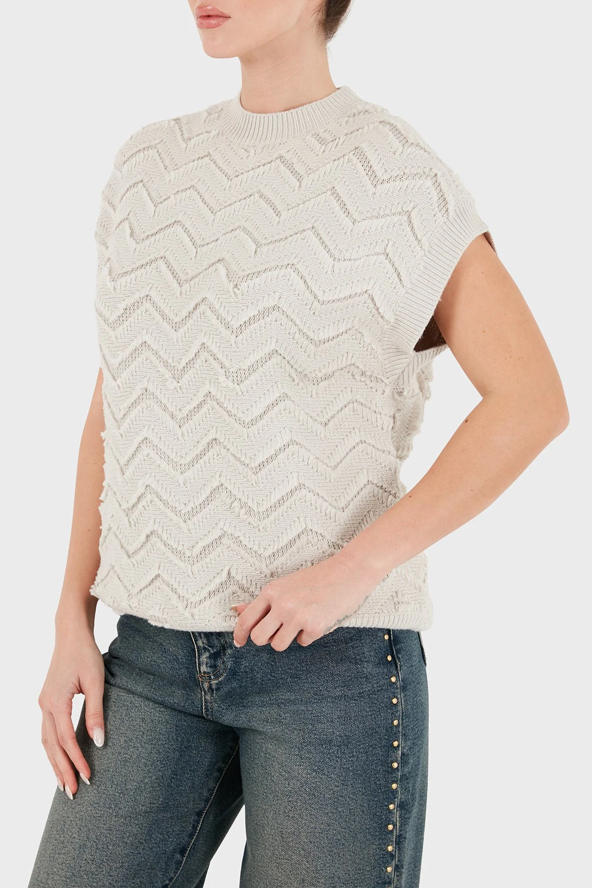 Armani Exchange Yün Karışımlı Regular Fit Bisiklet Yaka Kısa Kollu Kadın Kazak XW002634 AF25936 U1039 Ekru - 4