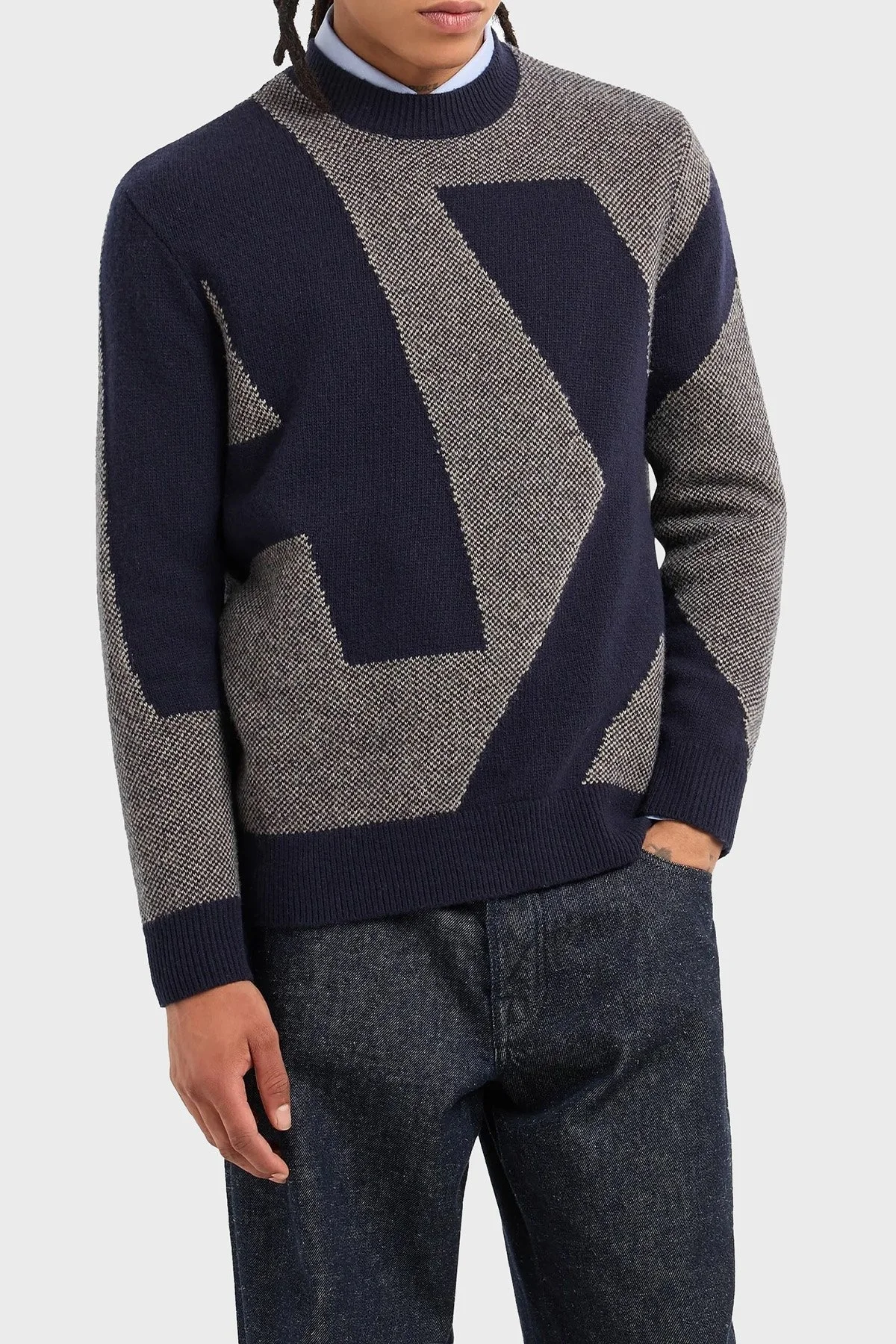 Armani Exchange Yünlü Regular Fit Bisiklet Yaka Jakarlı Örme Erkek Kazak 6DZM2Q ZM4QZ 45AX LACİVERT-GRİ - 1