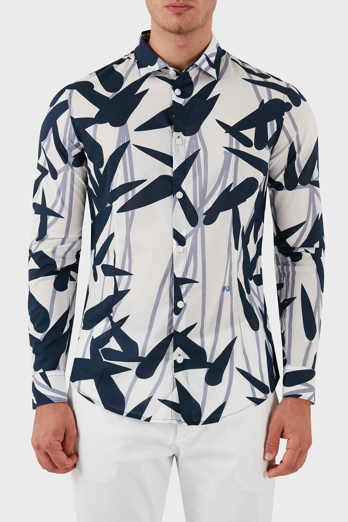 Armani Jeans % 100 Pamuklu Desenli Erkek Gömlek A6C52 BKTC LACİVERT-BEYAZ - 1