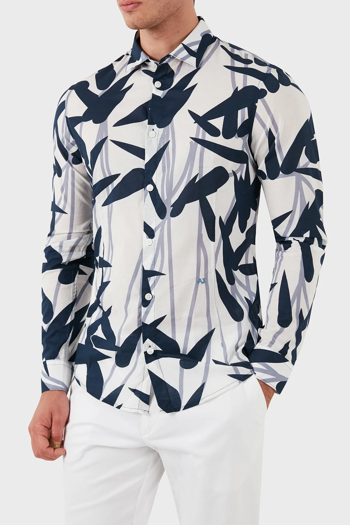 Armani Jeans % 100 Pamuklu Desenli Erkek Gömlek A6C52 BKTC LACİVERT-BEYAZ - 3