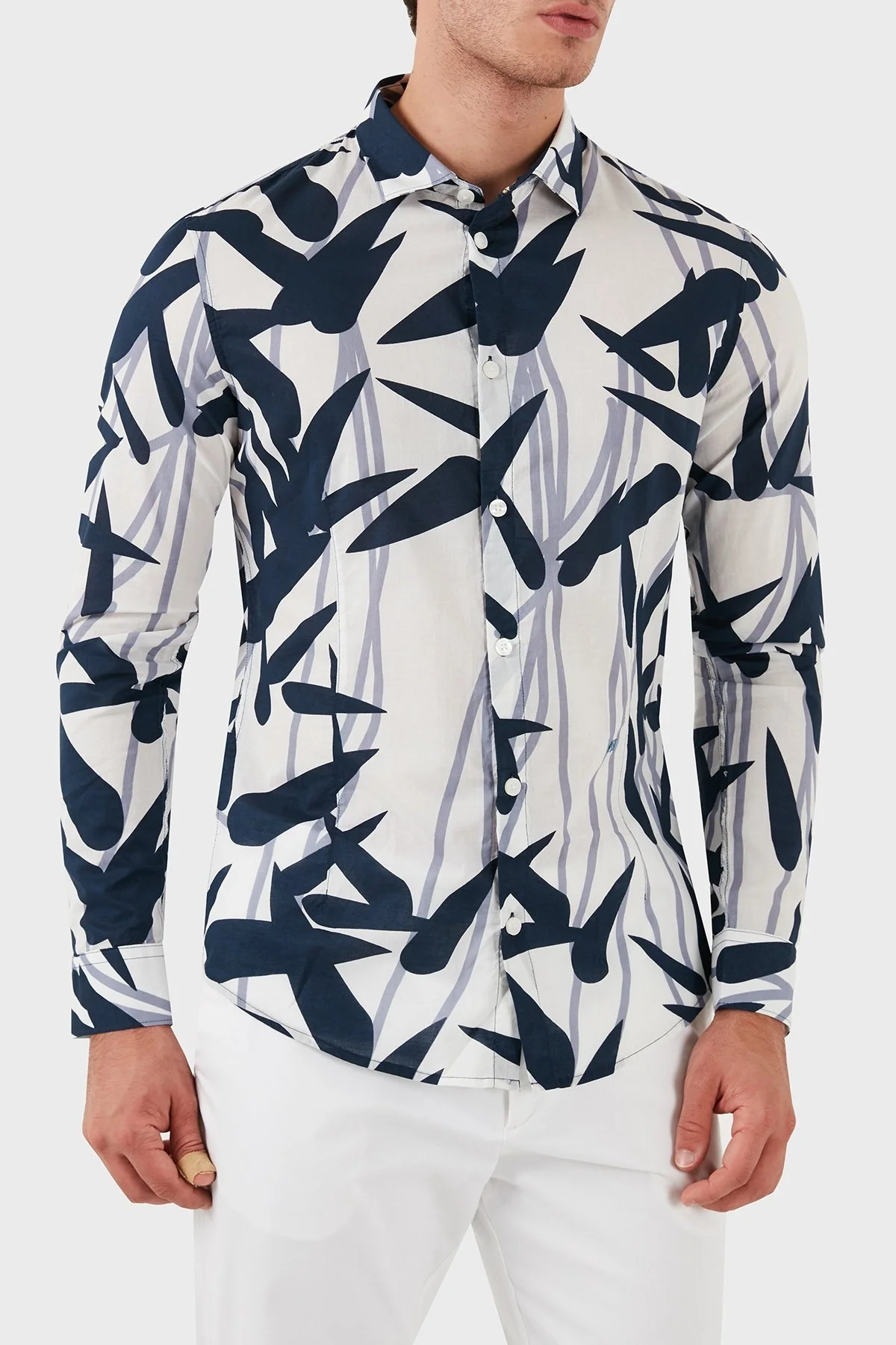 Armani Jeans % 100 Pamuklu Desenli Erkek Gömlek A6C52 BKTC LACİVERT-BEYAZ - 4