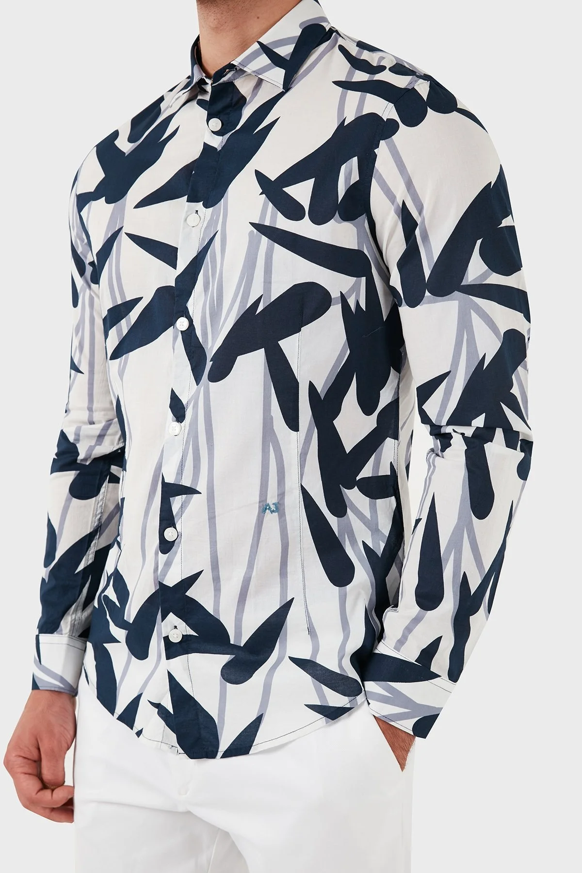 Armani Jeans % 100 Pamuklu Desenli Erkek Gömlek A6C52 BKTC LACİVERT-BEYAZ - 5