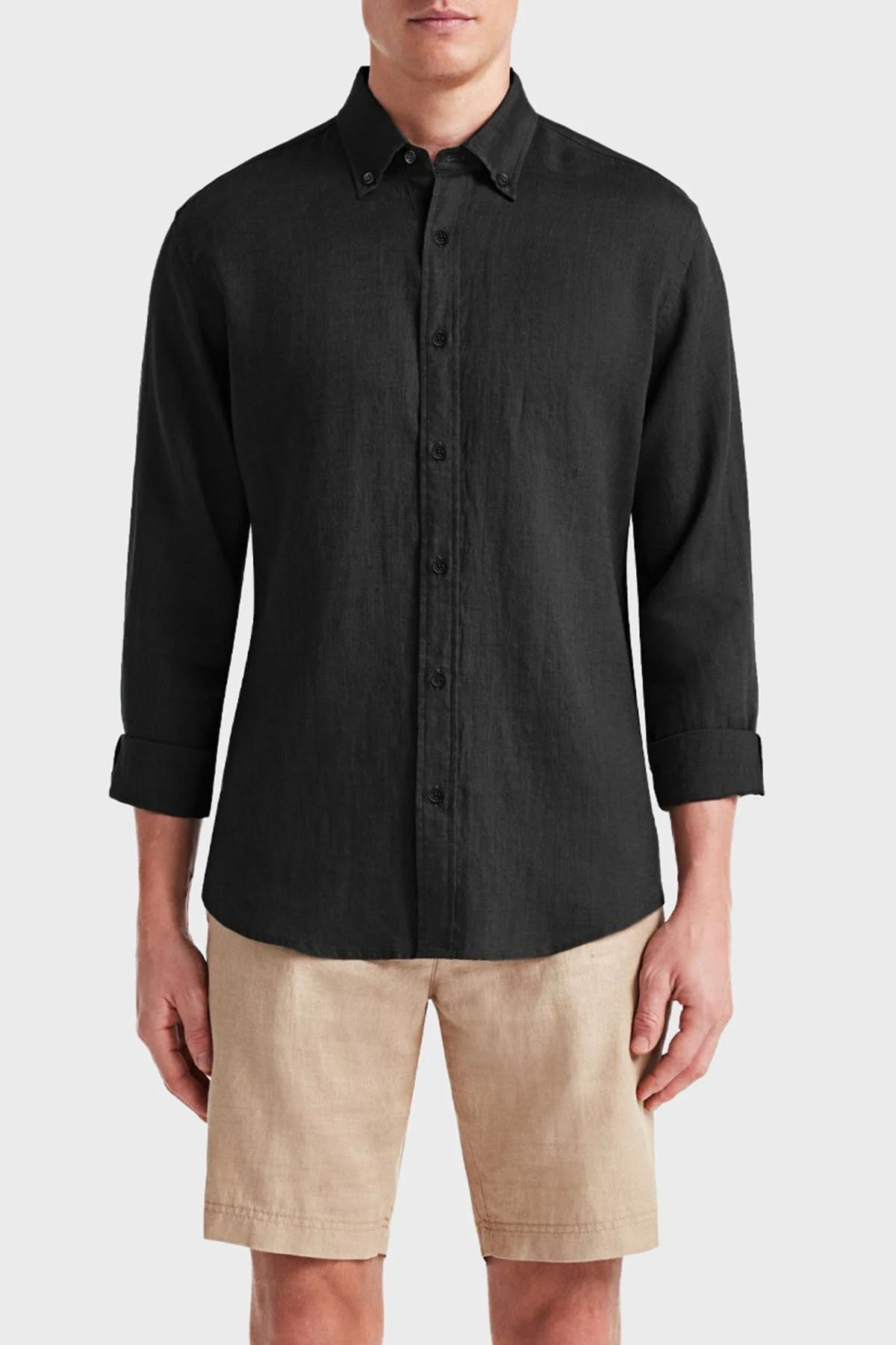 Bluemint % 100 Keten Comfort Fit Düğmeli Yaka Erkek Gömlek BM25002003MS 111 SİYAH - 1