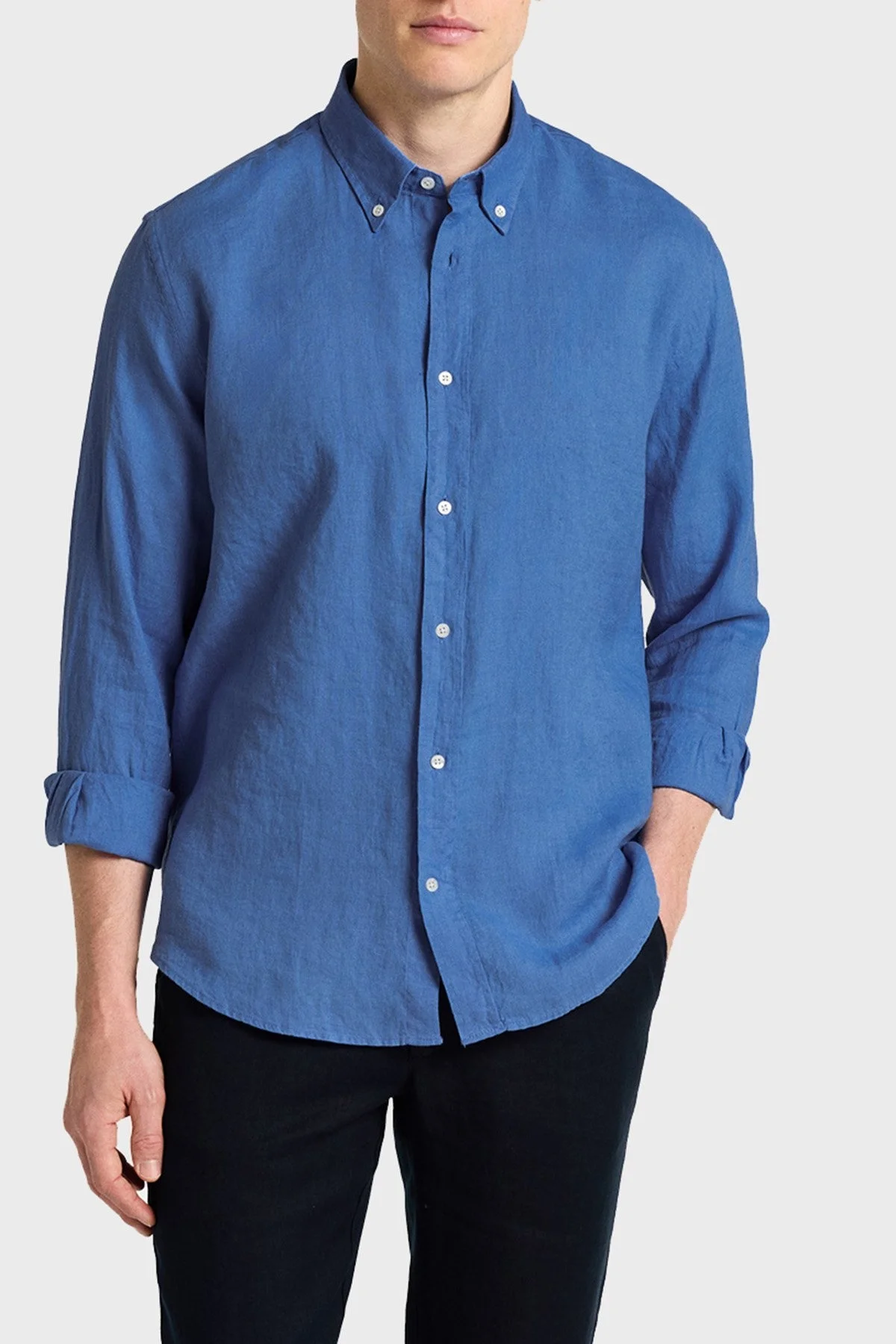 Bluemint % 100 Keten Comfort Fit Düğmeli Yaka Erkek Gömlek BM25002003MS 1157 MAVİ - 1