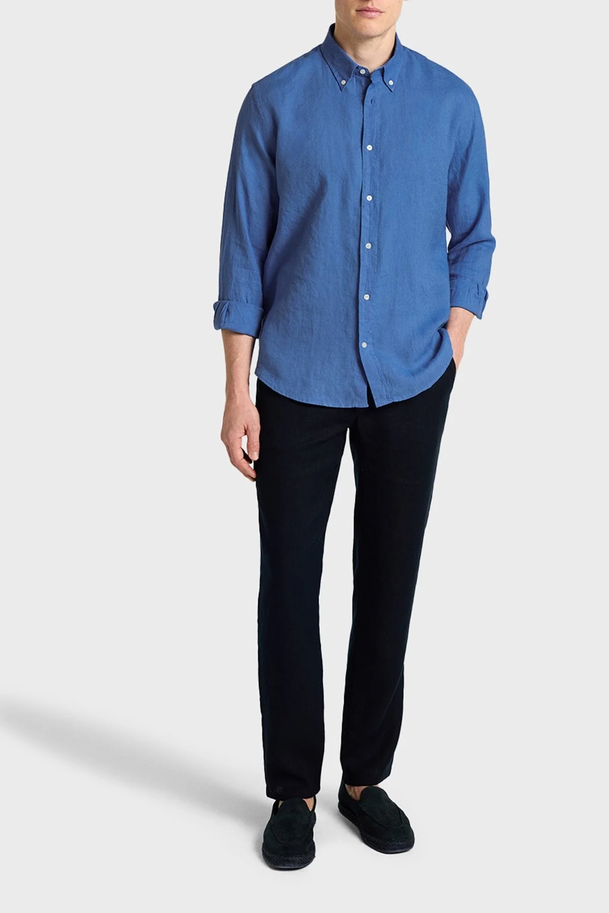 Bluemint % 100 Keten Comfort Fit Düğmeli Yaka Erkek Gömlek BM25002003MS 1157 MAVİ - 3