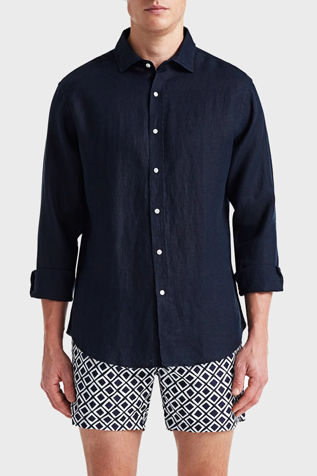 Bluemint % 100 Keten Comfort Fit Düz Yaka Erkek Gömlek BM25002092MS 155 KOYU LACİVERT - 6