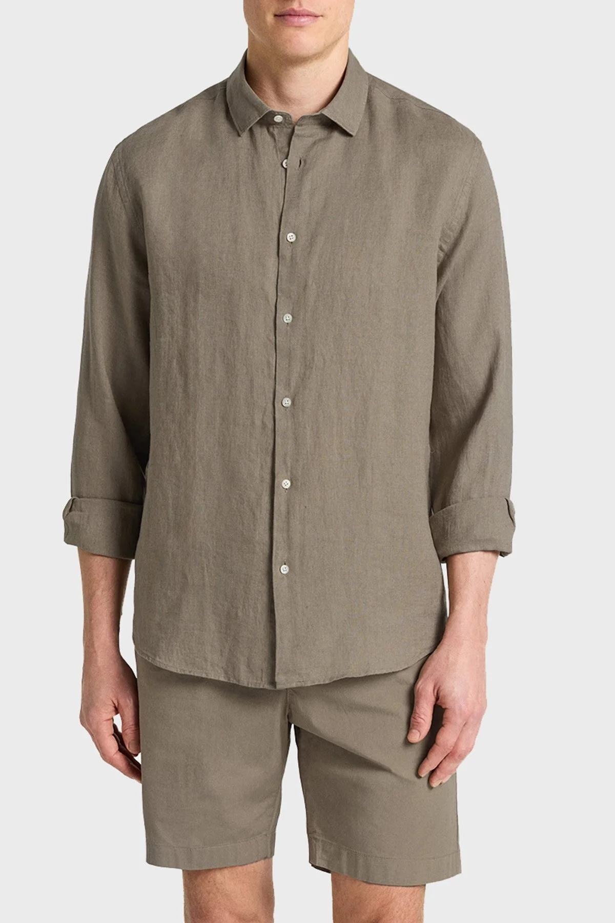 Bluemint % 100 Keten Comfort Fit Düz Yaka Erkek Gömlek BM25002092MS 836 AÇIK HAKİ - 5