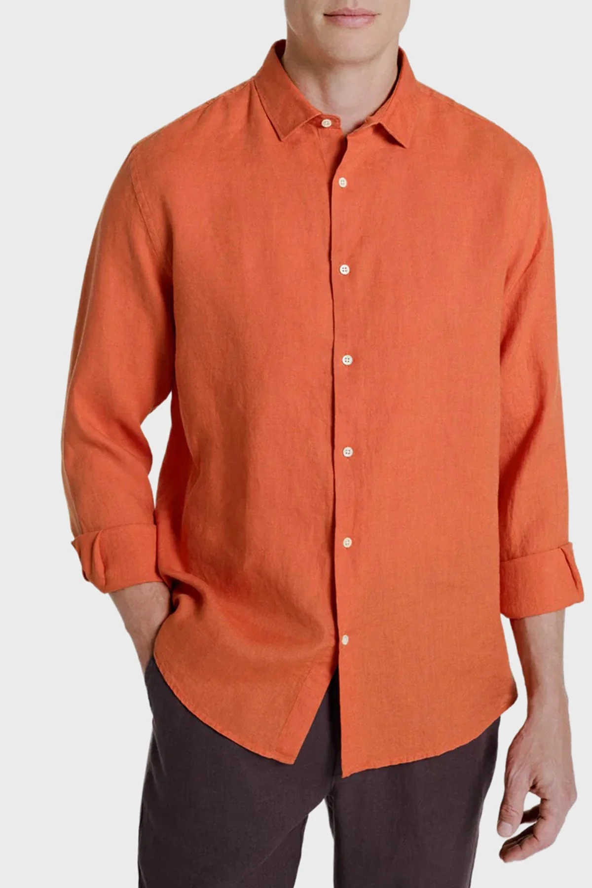 Bluemint % 100 Keten Comfort Fit Klasik Yaka Uzun Kollu Erkek Gömlek LUCASTRIPEY 221 KİREMİT - 1