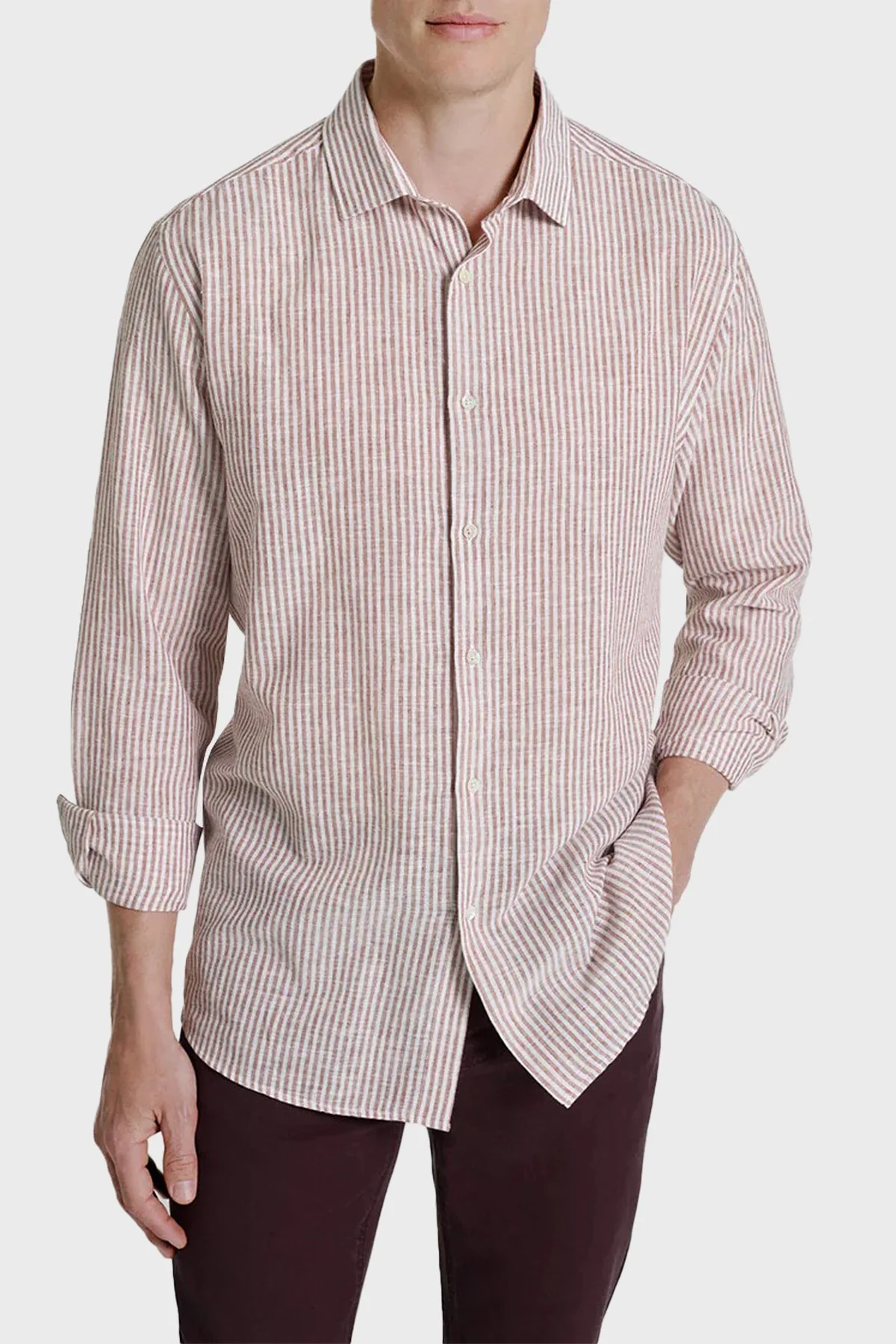 Bluemint % 100 Keten Comfort Fit Klasik Yaka Uzun Kollu Erkek Gömlek LUCASTRIPEY 221 Kiremit - 1