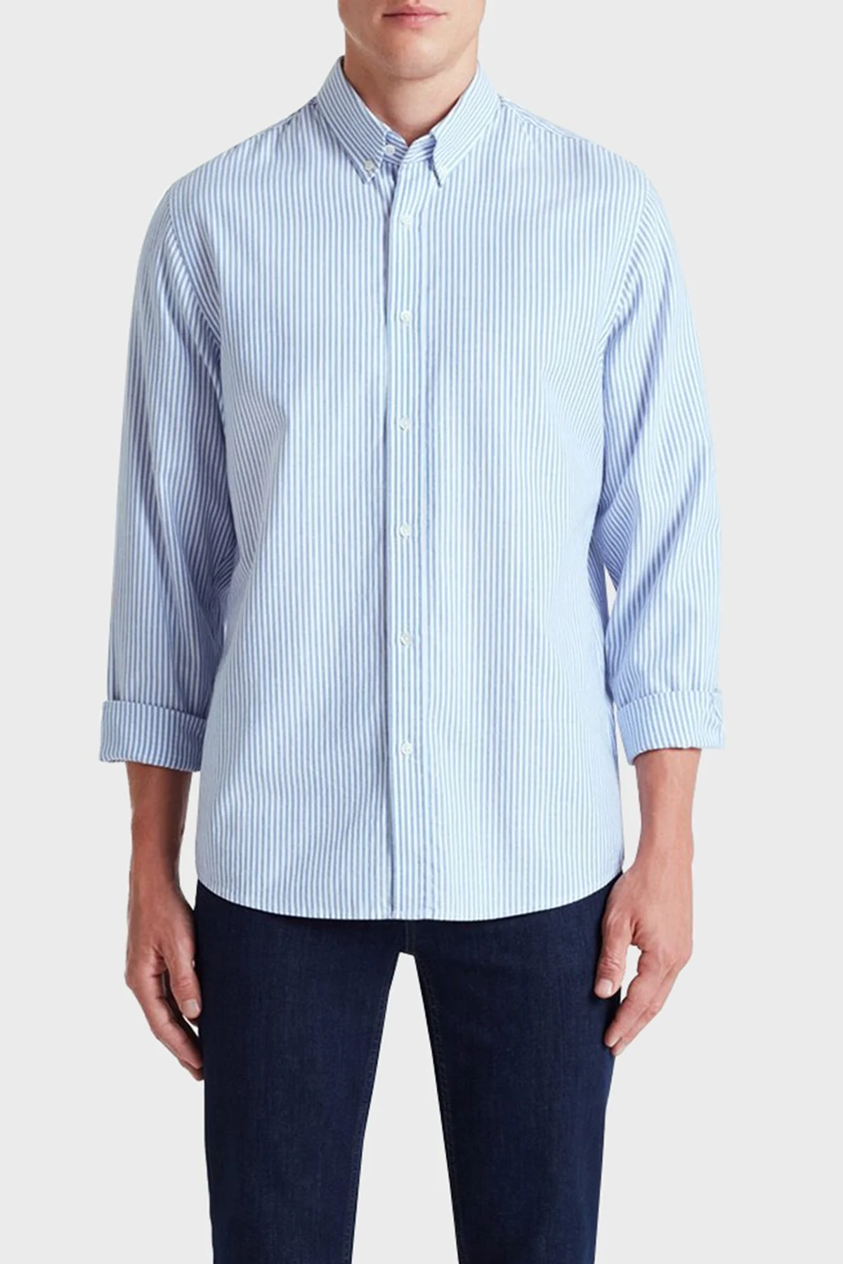 Bluemint Bm Oxford % 100 Pamuk Çizgili Comfort Fit Düğmeli Yaka Erkek Gömlek BM24002273MW 802 MAVİ-BEYAZ - 1