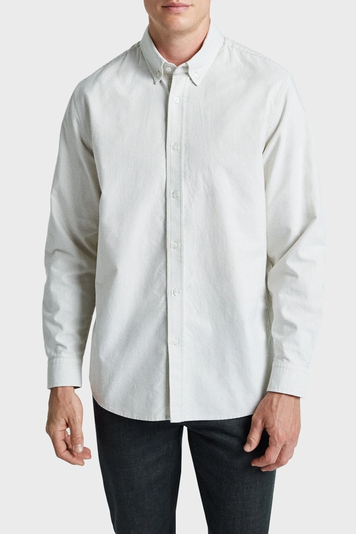 Bluemint Bm Oxford % 100 Pamuk Çizgili Comfort Fit Düğmeli Yaka Erkek Gömlek BM24002273MW 803 Olive - 1