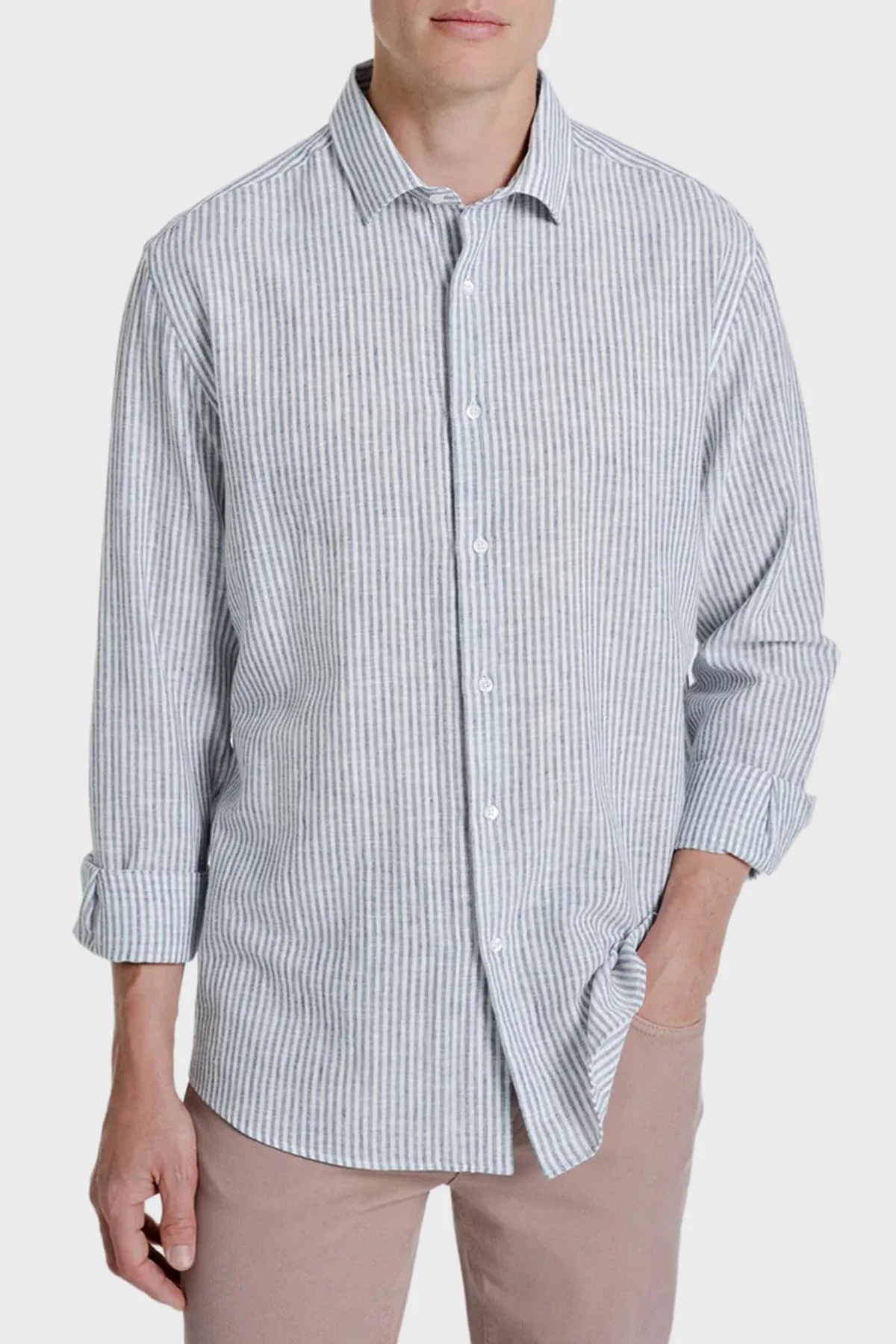 Bluemint Çizgili Pamuk ve Keten Karışımlı Uzun Kollu Erkek Gömlek LUCASTRIPEY 166 HAKİ-BEYAZ - 1