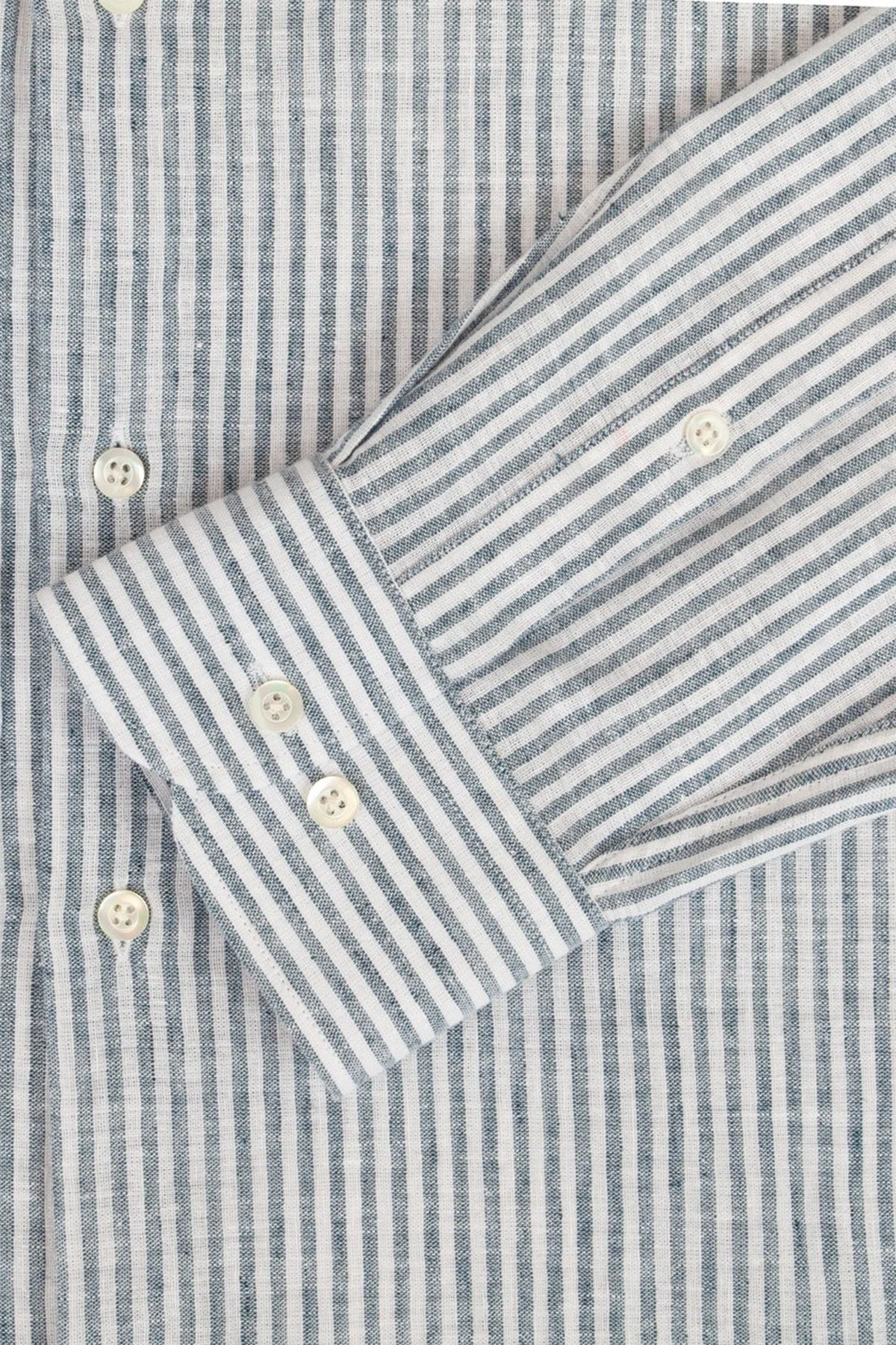 Bluemint Çizgili Pamuk ve Keten Karışımlı Uzun Kollu Erkek Gömlek LUCASTRIPEY 166 HAKİ-BEYAZ - 4