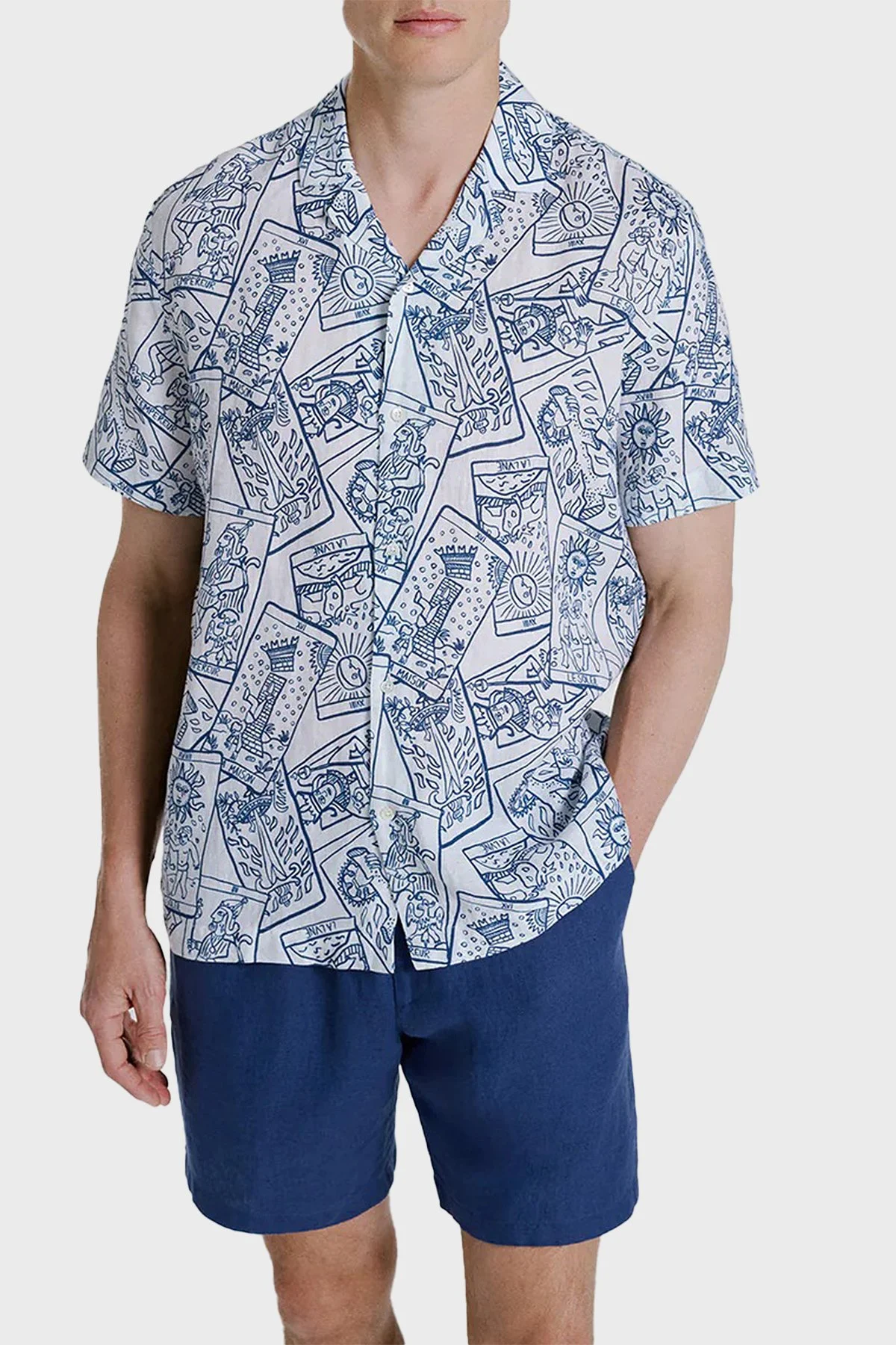 Bluemint Comfort Desenli % 100 Keten Kısa Kollu Erkek Gömlek MARSPRINT 1302 BEYAZ-LACİVERT - 1
