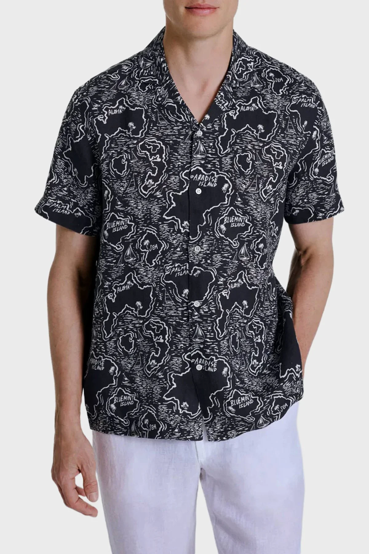 Bluemint Comfort Desenli % 100 Keten Kısa Kollu Erkek Gömlek MARSPRINT 1317 LACİVERT-BEYAZ - 1