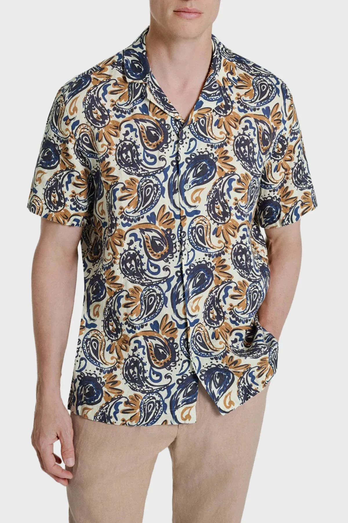 Bluemint Comfort Desenli % 100 Keten Kısa Kollu Erkek Gömlek MARSPRINT 1331 BEJ-LACİVERT - 1