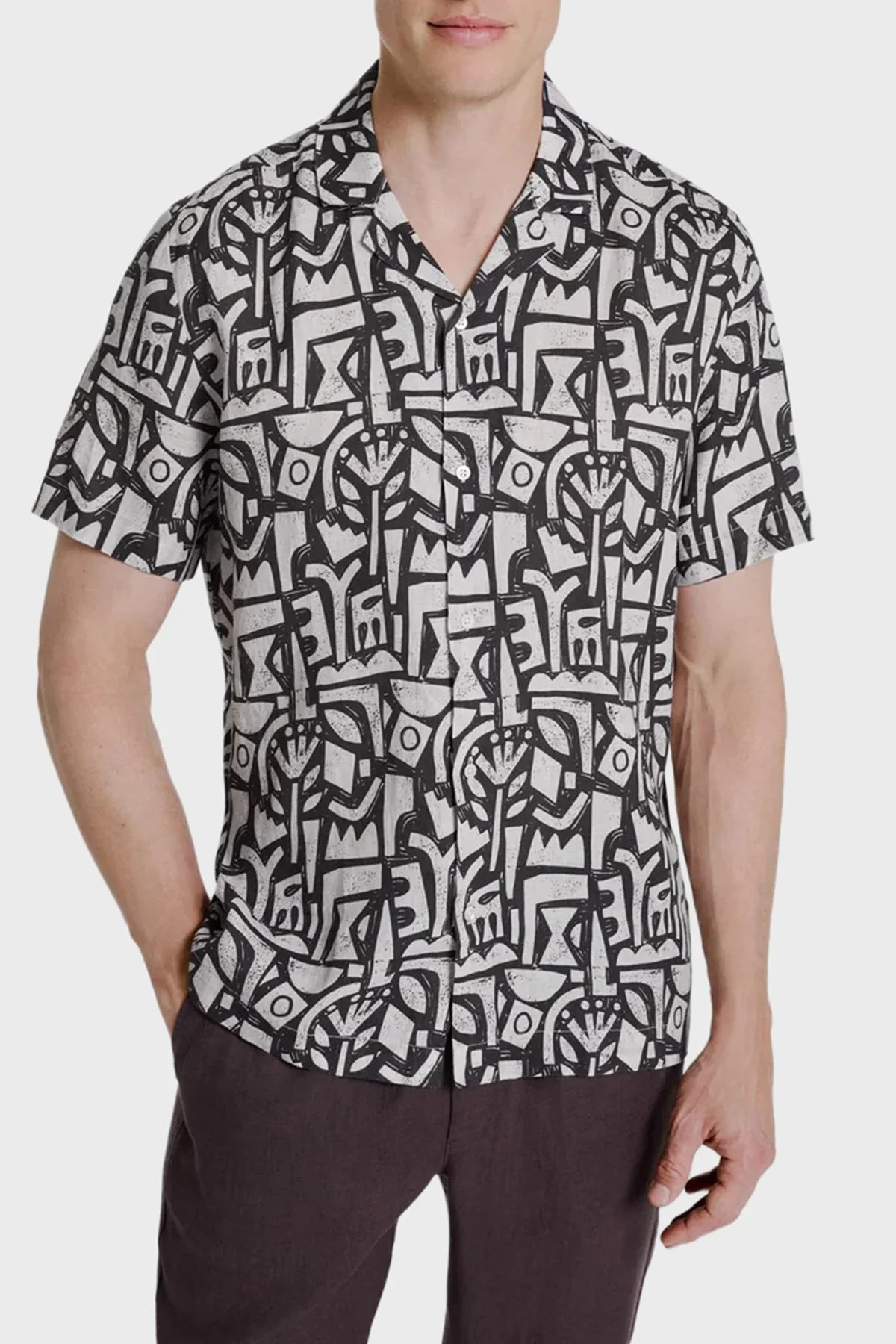 Bluemint Comfort Desenli % 100 Keten Kısa Kollu Erkek Gömlek MARSPRINT 1334 SİYAH-BEJ - 1