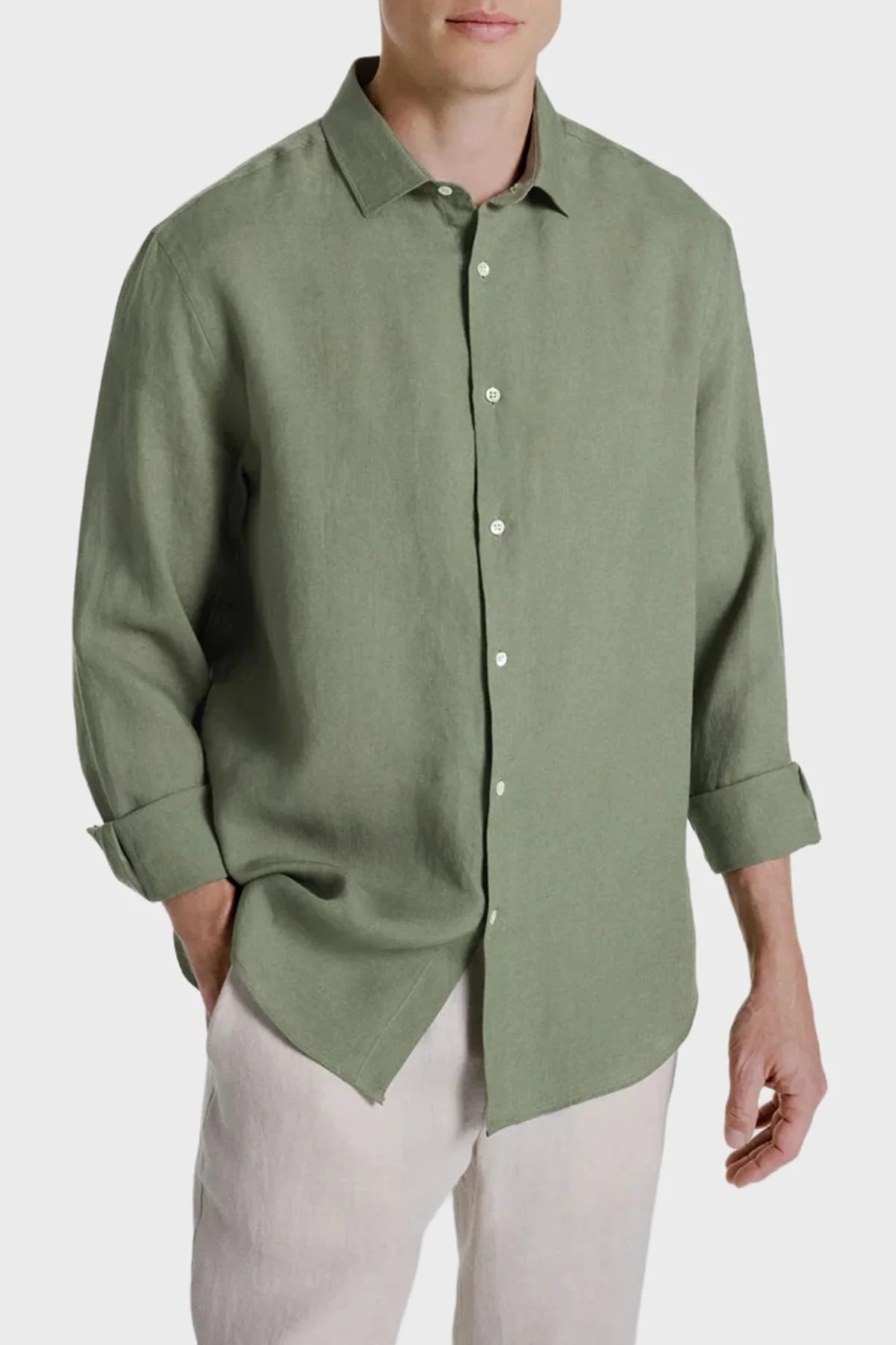 Bluemint Comfort Fit Klasik Yaka Uzun Kollu Keten Erkek Gömlek LUCA 332 HAKİ - 1