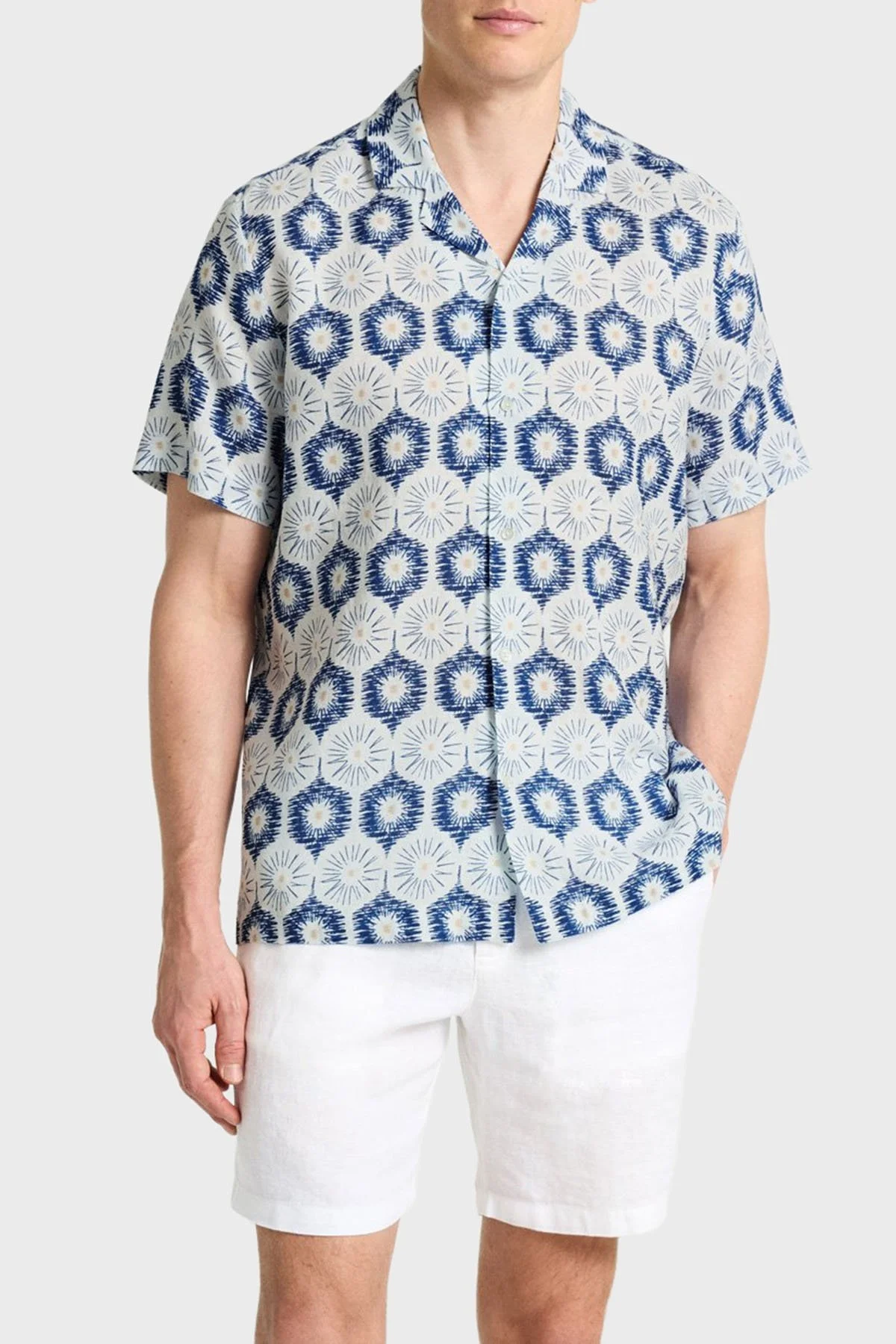 Bluemint Desenli % 100 Keten Comfort Fit Kısa Kollu Apaş Yaka Erkek Gömlek BM25002135MS 1131 MAVİ - 1