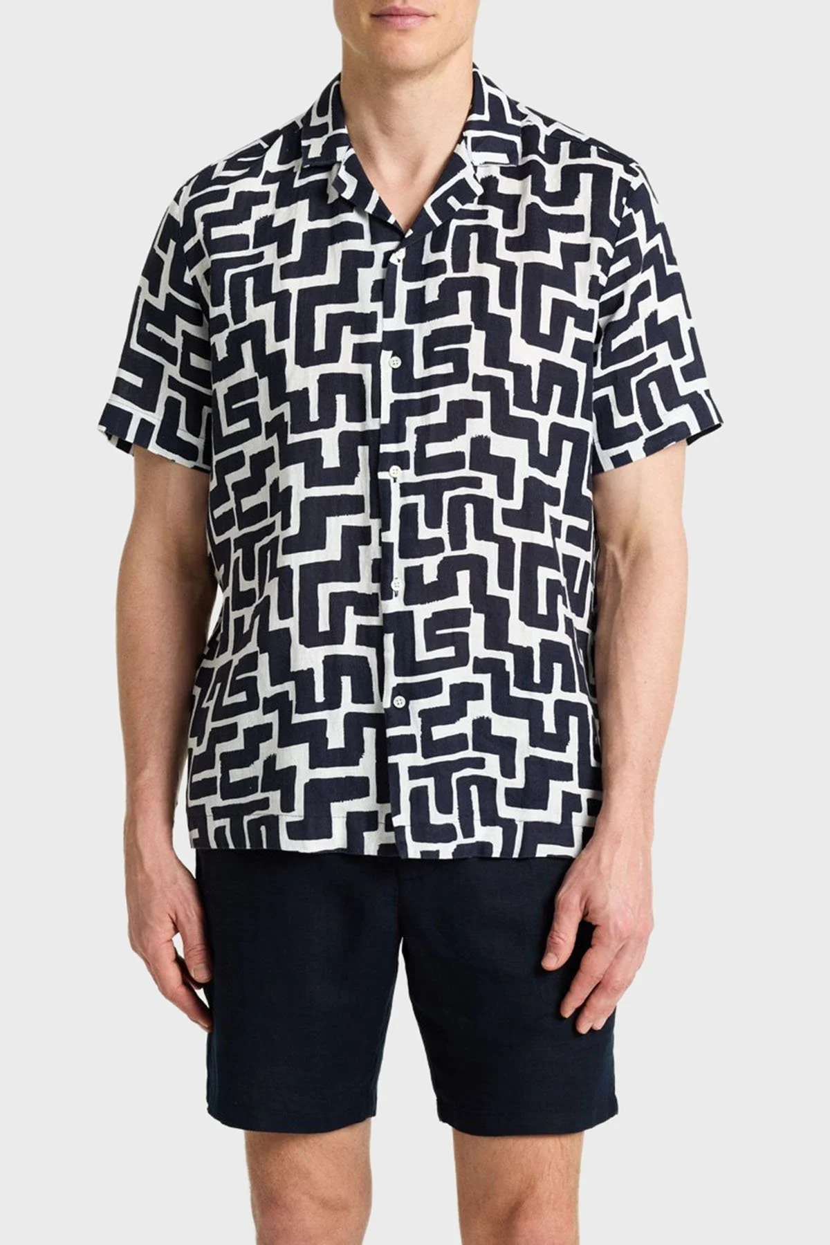 Bluemint Desenli % 100 Keten Comfort Fit Kısa Kollu Apaş Yaka Erkek Gömlek BM25002135MS 1179 LACİVERT - 1