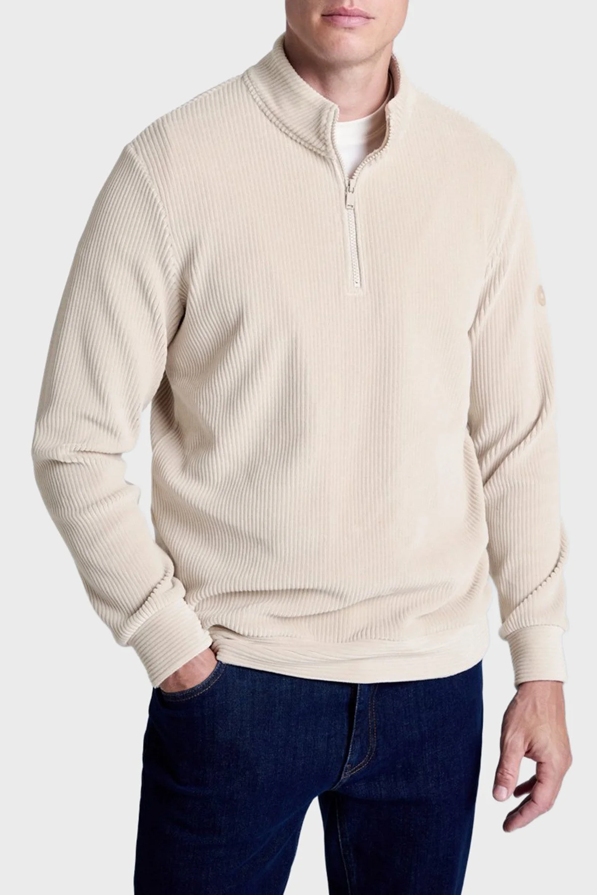 Bluemint Fitilli Pamuklu Comfort Fit Yarım Fermuarlı Dik Yaka Erkek Sweat BM25019345MW 1239 BEJ - 1