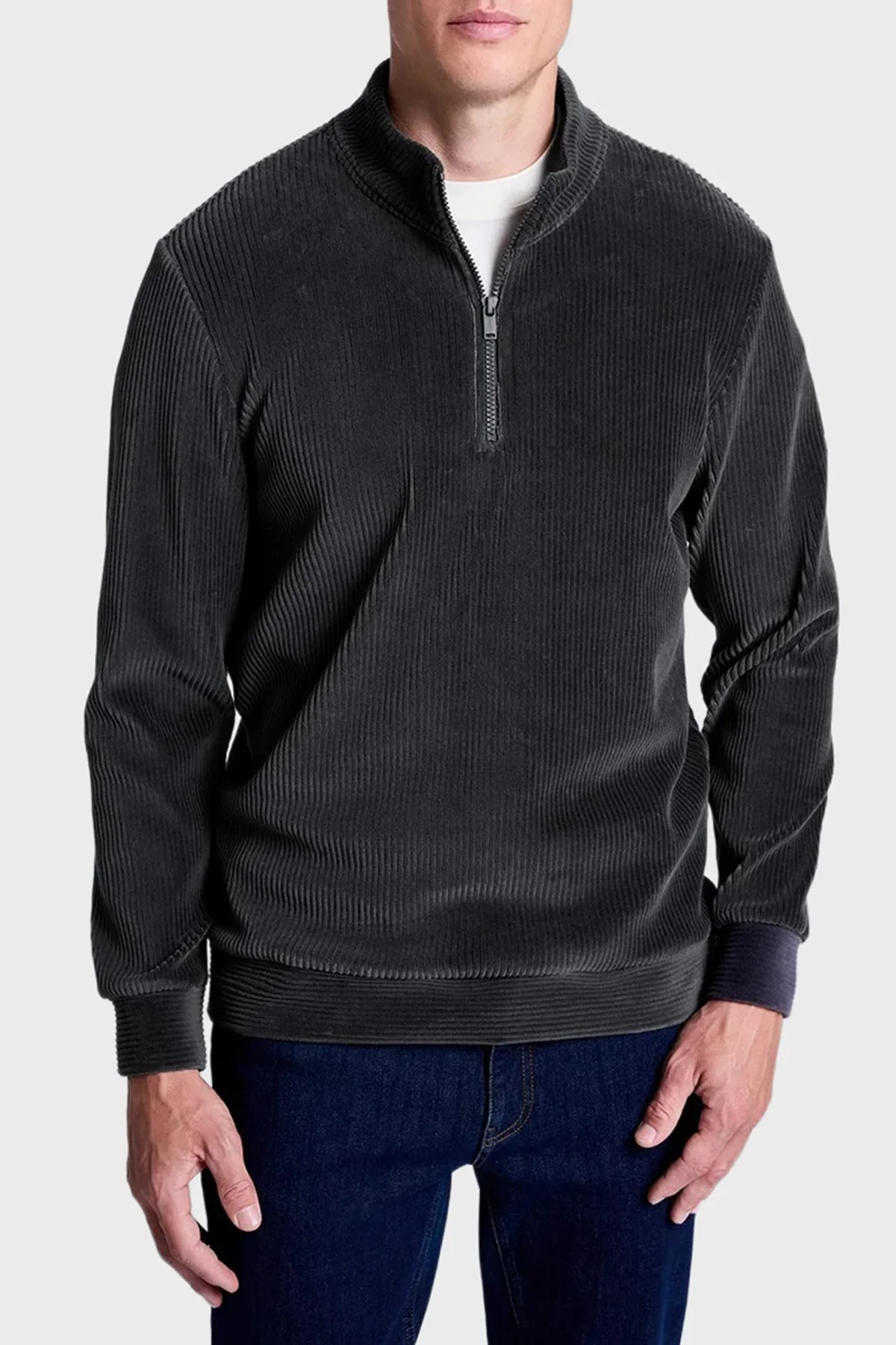 Bluemint Kadife Comfort Fit Yarım Fermuarlı Dik Yaka Erkek Sweat GAEL 1238 Gri - 1