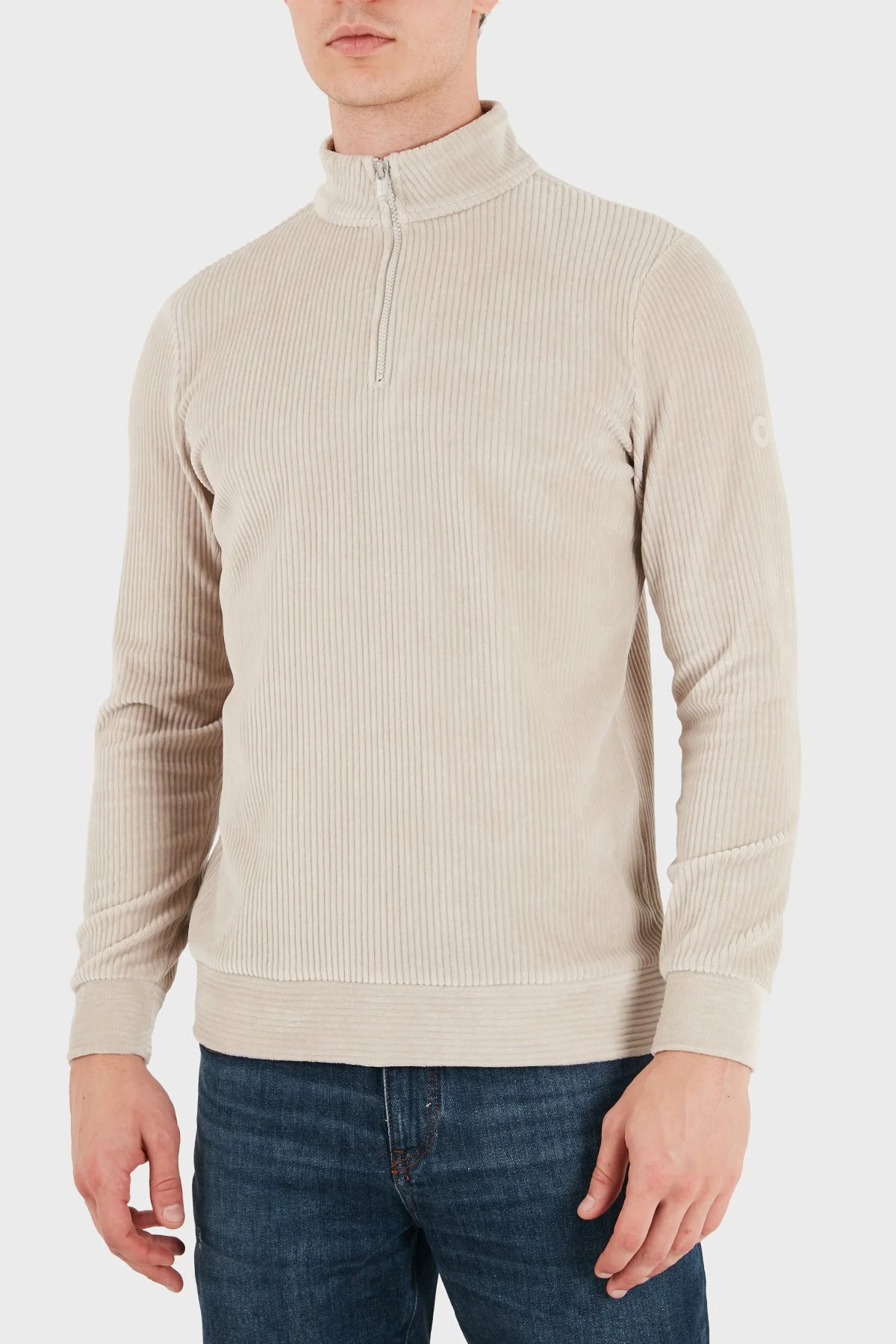 Bluemint Kadife Comfort Fit Yarım Fermuarlı Dik Yaka Erkek Sweat GAEL 1239 Bej - 3