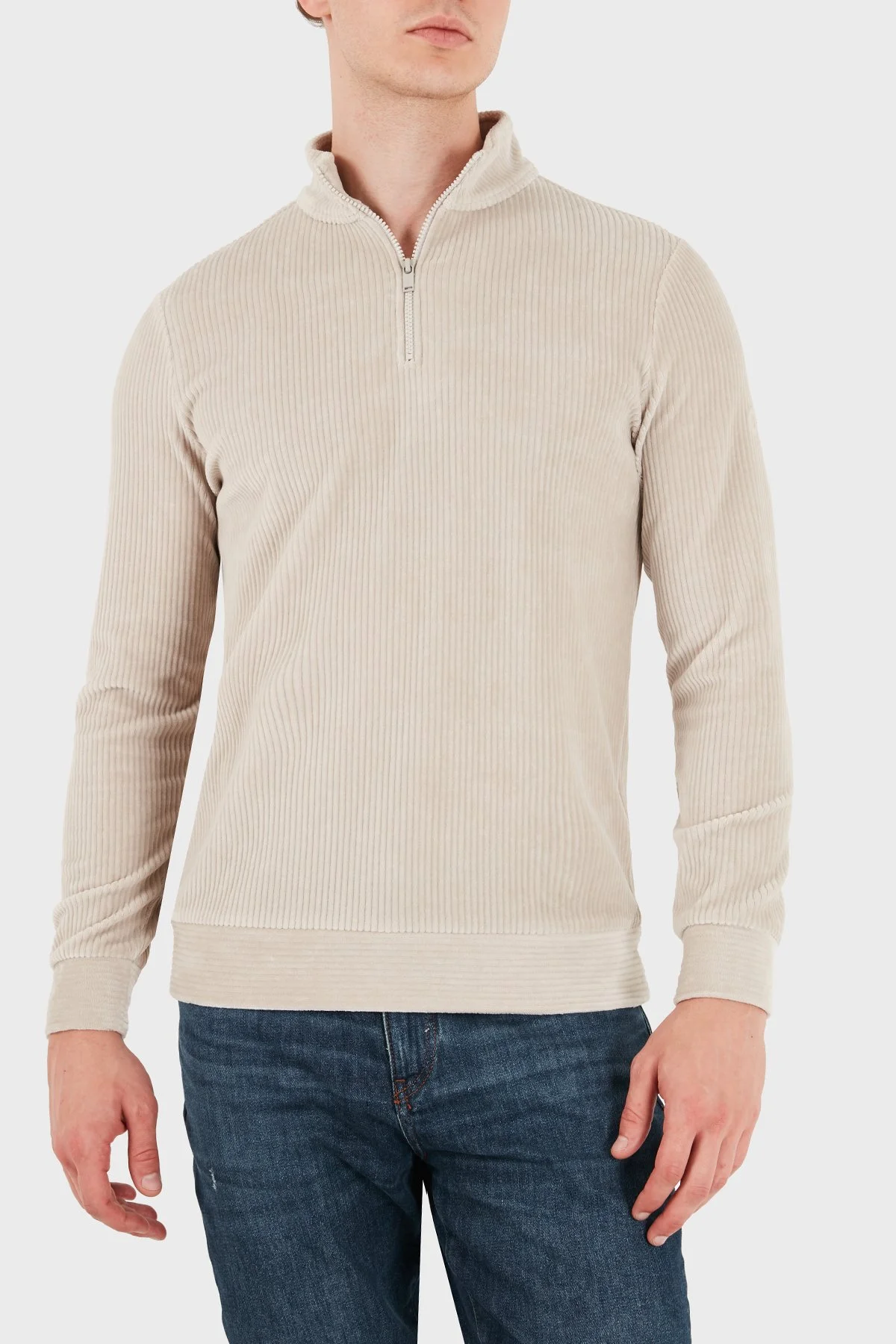 Bluemint Kadife Comfort Fit Yarım Fermuarlı Dik Yaka Erkek Sweat GAEL 1239 Bej - 4