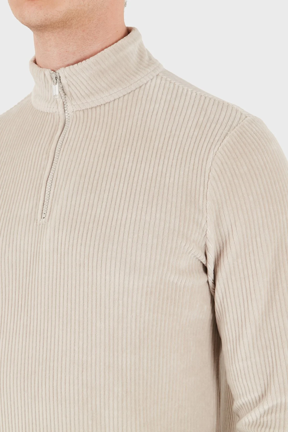 Bluemint Kadife Comfort Fit Yarım Fermuarlı Dik Yaka Erkek Sweat GAEL 1239 Bej - 5