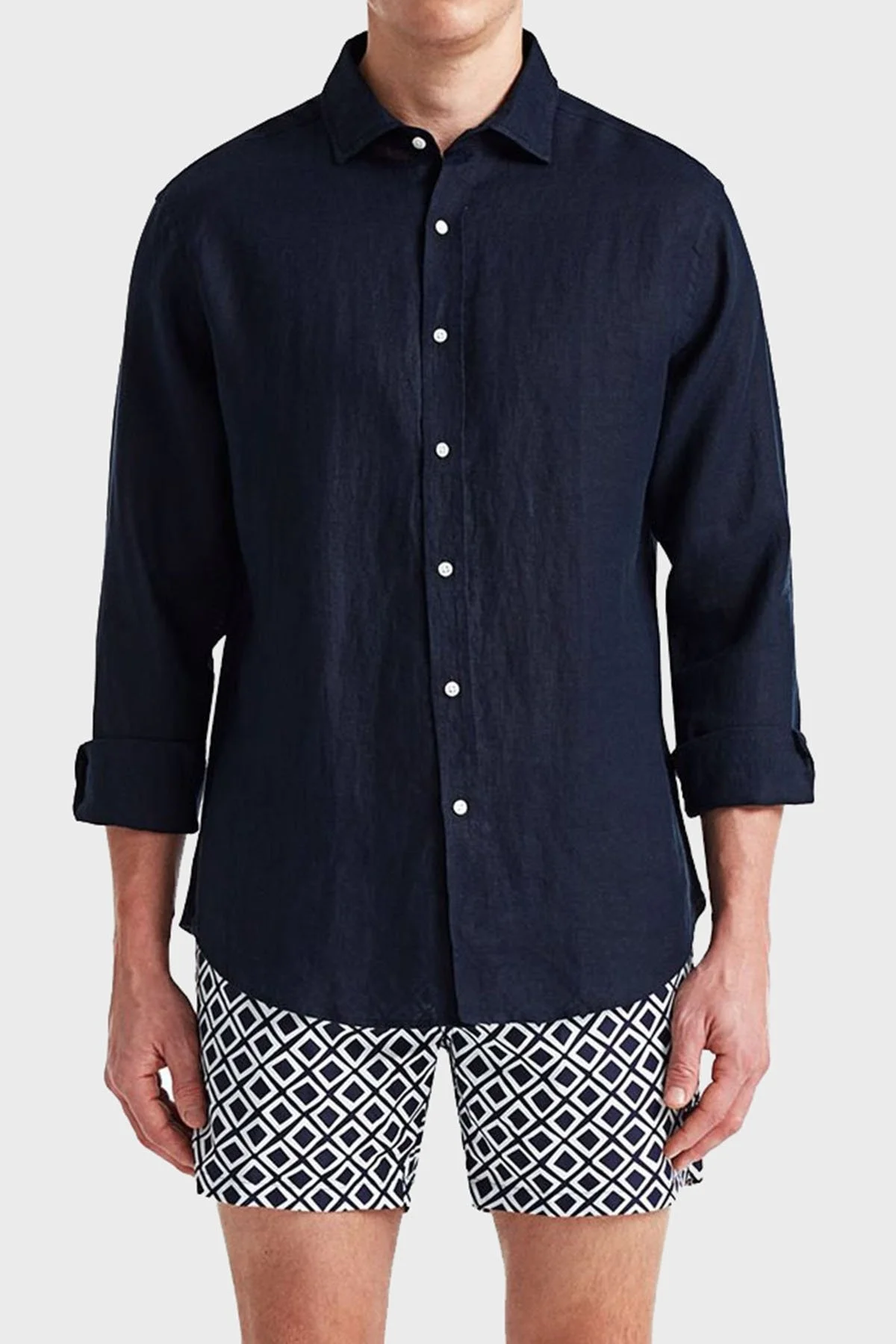 Bluemint Luca % 100 Keten Düğmeli Yaka Uzun Kollu Comfort Fit Erkek Gömlek BM23002092MS 155 LACİVERT - 1