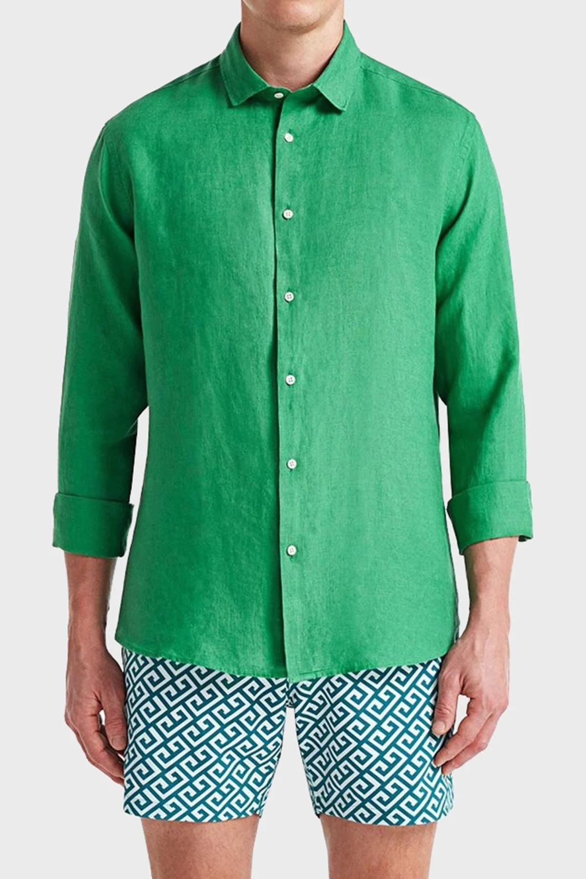 Bluemint Luca % 100 Keten Düğmeli Yaka Uzun Kollu Comfort Fit Erkek Gömlek BM23002092MS 938 YEŞİL - 1