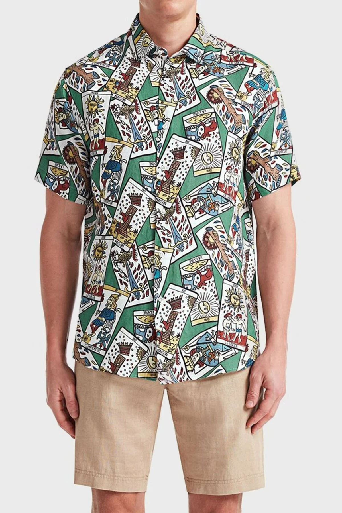 Bluemint Luca Desenli % 100 Keten Apaş Yaka Kısa Kollu Comfort Fit Erkek Gömlek BM23002294MS 879 YEŞİL-MAVİ - 1