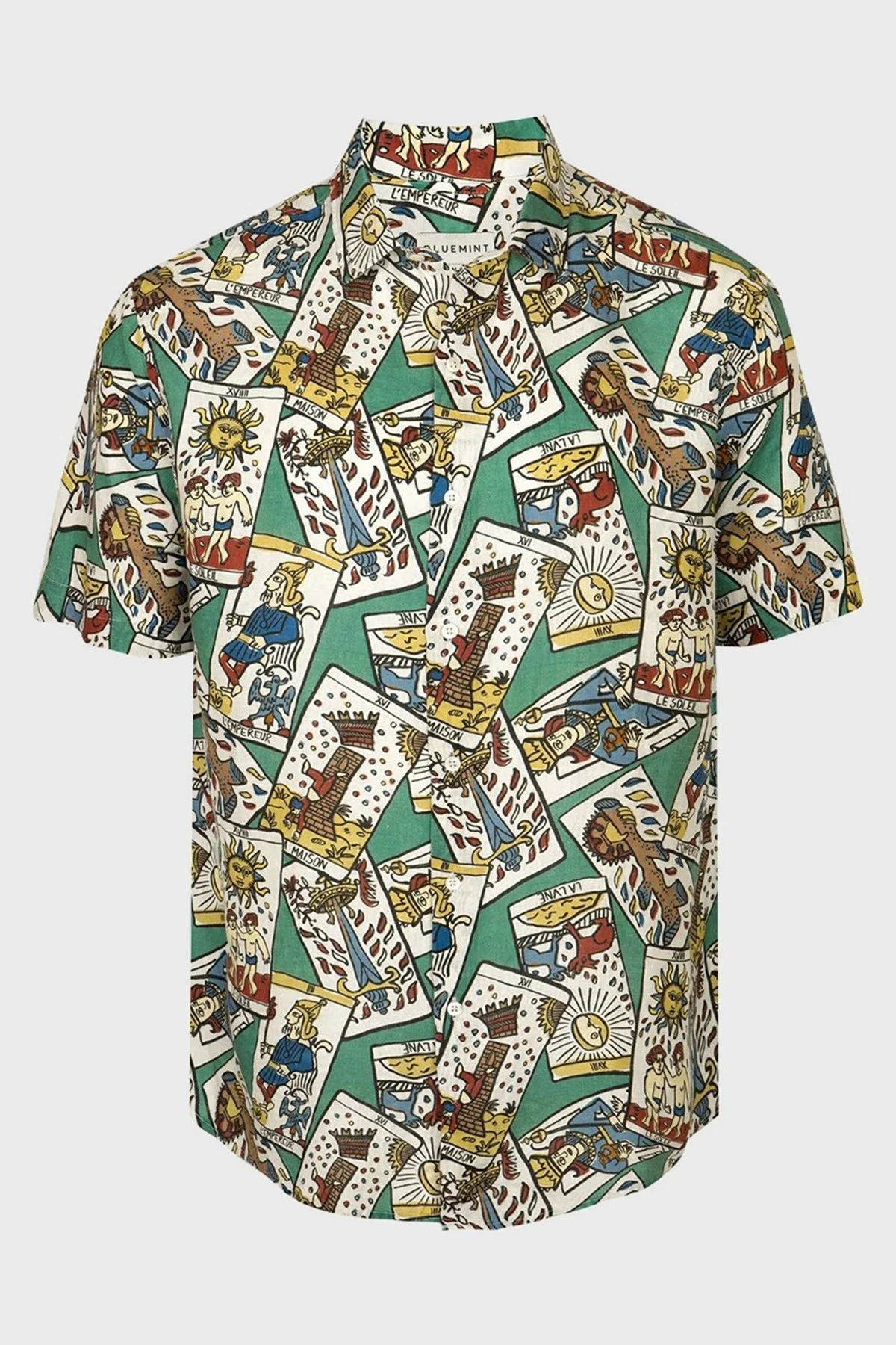 Bluemint Luca Desenli % 100 Keten Apaş Yaka Kısa Kollu Comfort Fit Erkek Gömlek BM23002294MS 879 YEŞİL-MAVİ - 2