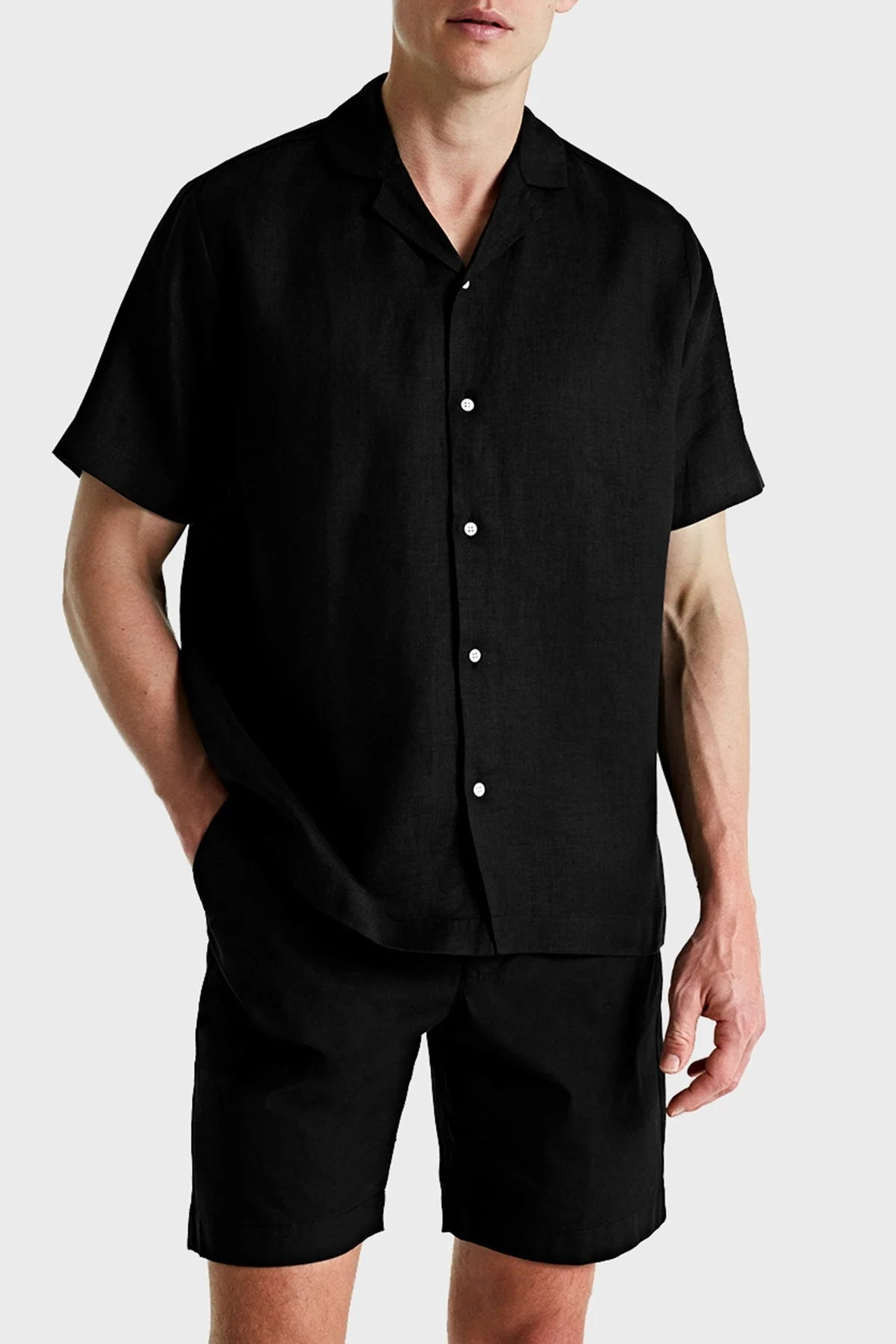 Bluemint Mars % 100 Keten Comfort Fit Kısa Kollu Erkek Gömlek BM24002107MS 111 SİYAH - 1