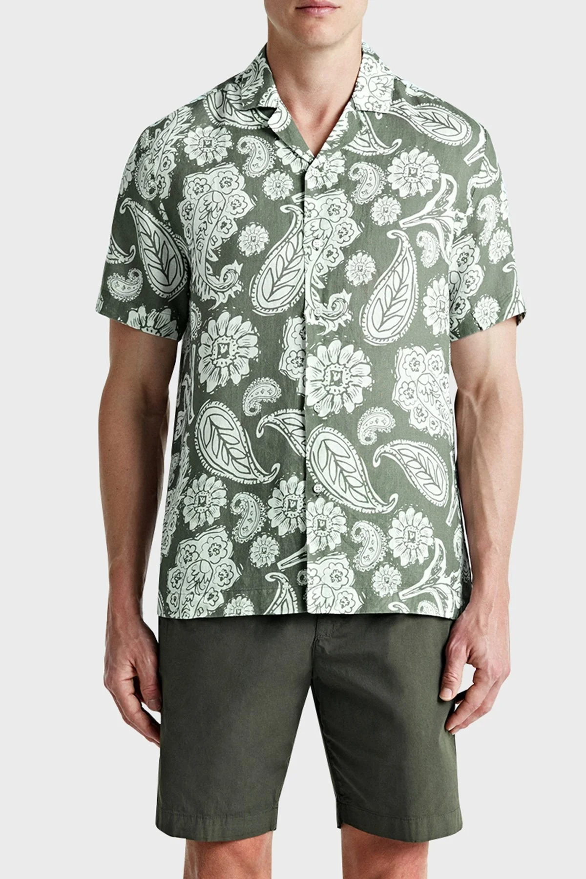 Bluemint Mars % 100 Keten Comfort Fit Kısa Kollu Erkek Gömlek BM24002135MS 1013 HAKİ-BEYAZ - 1