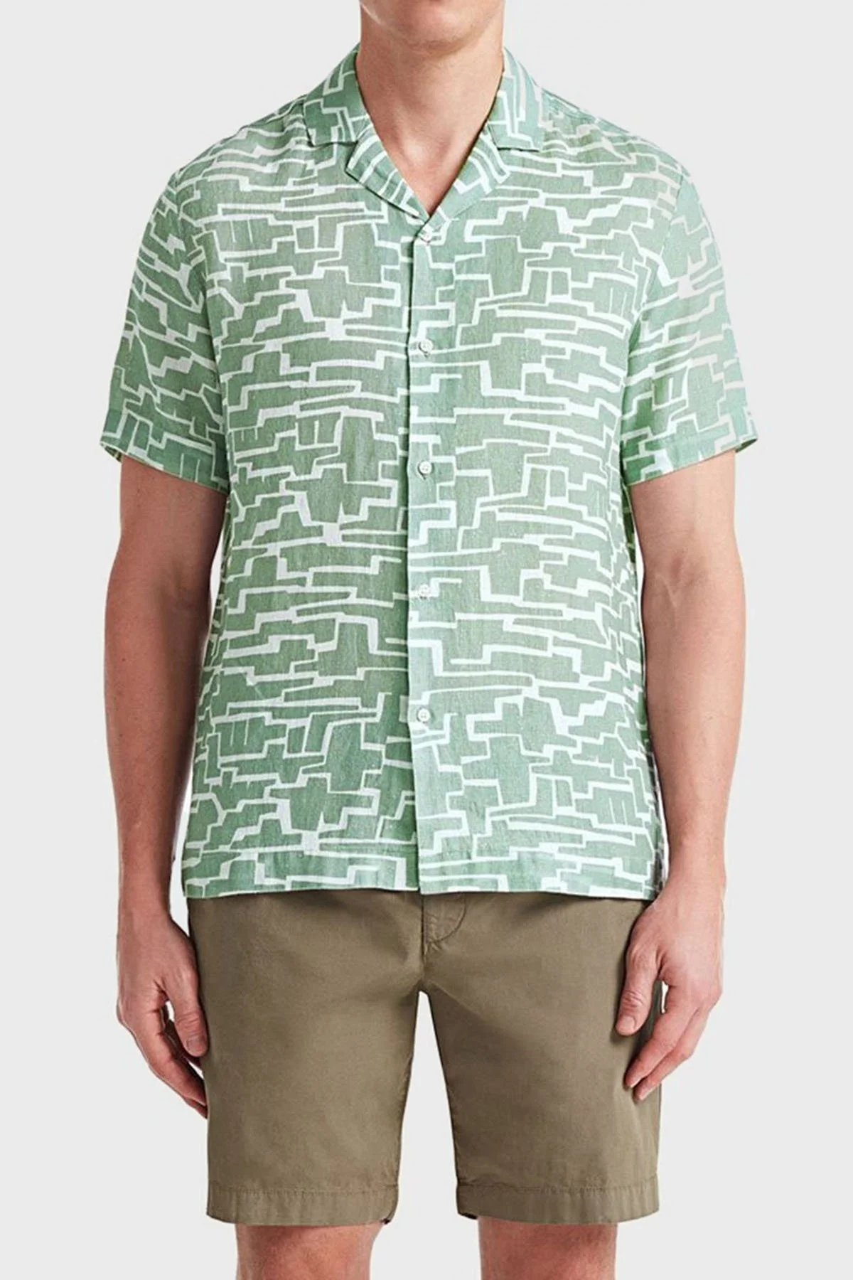 Bluemint Mars Desenli % 100 Keten Apaş Yaka Kısa Kollu Comfort Fit Erkek Gömlek BM23002135MS 924 YEŞİL-BEYAZ - 3