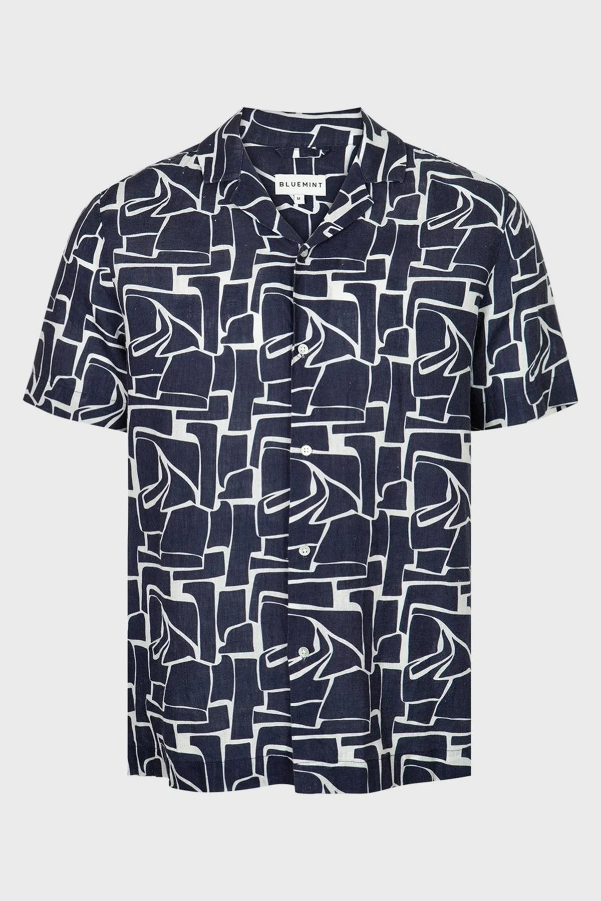 Bluemint Mars Desenli % 100 Keten Apaş Yaka Kısa Kollu Comfort Fit Erkek Gömlek BM23002135MS 925 LACİVERT-BEYAZ - 2