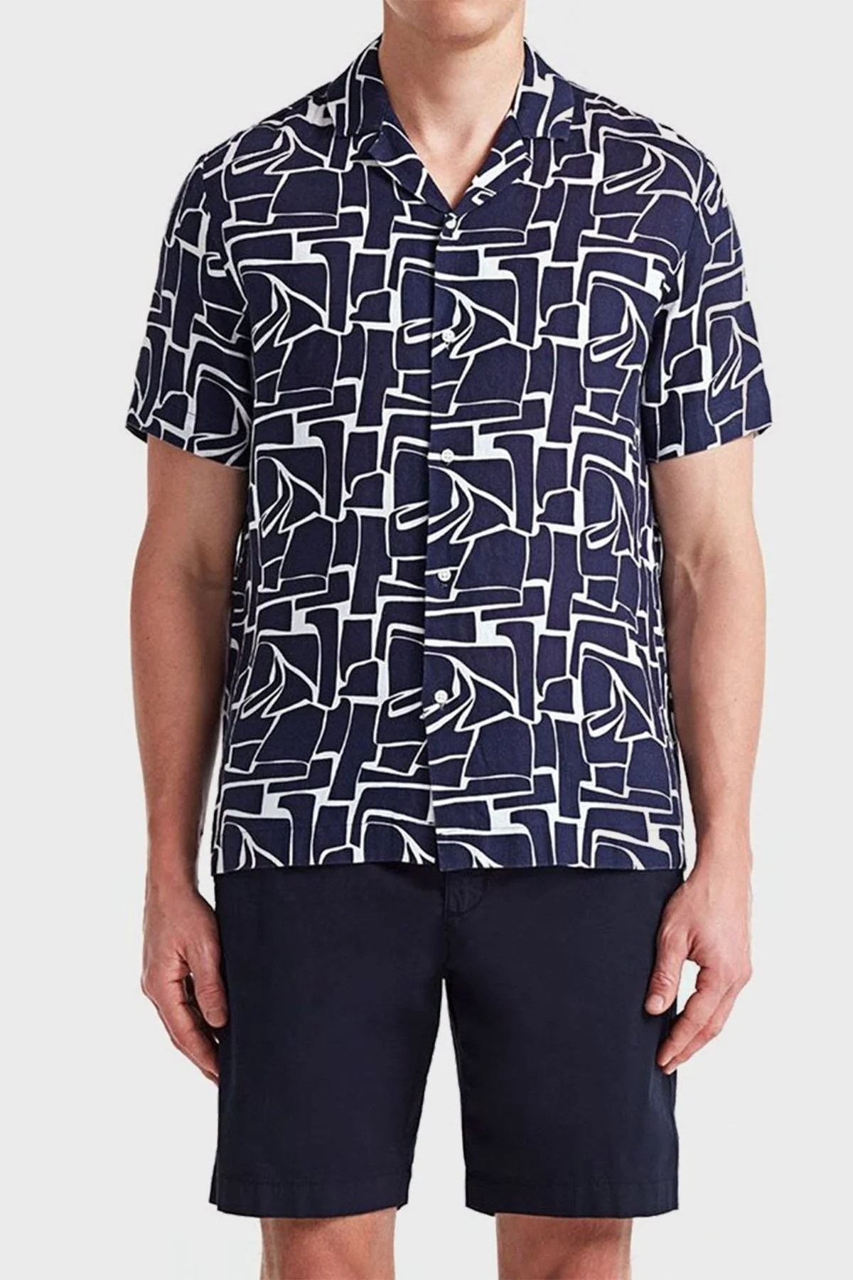 Bluemint Mars Desenli % 100 Keten Apaş Yaka Kısa Kollu Comfort Fit Erkek Gömlek BM23002135MS 925 LACİVERT-BEYAZ - 3