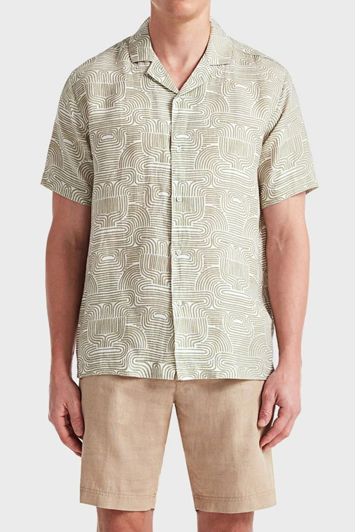 Bluemint Mars Desenli % 100 Keten Apaş Yaka Kısa Kollu Comfort Fit Erkek Gömlek BM23002135MS 943 BEJ - 1