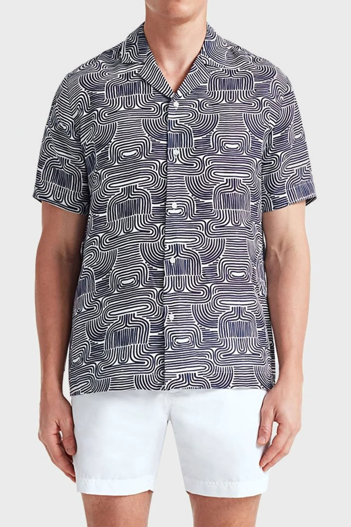 Bluemint Mars Desenli % 100 Keten Apaş Yaka Kısa Kollu Comfort Fit Erkek Gömlek BM23002135MS 946 LACİVERT - 1