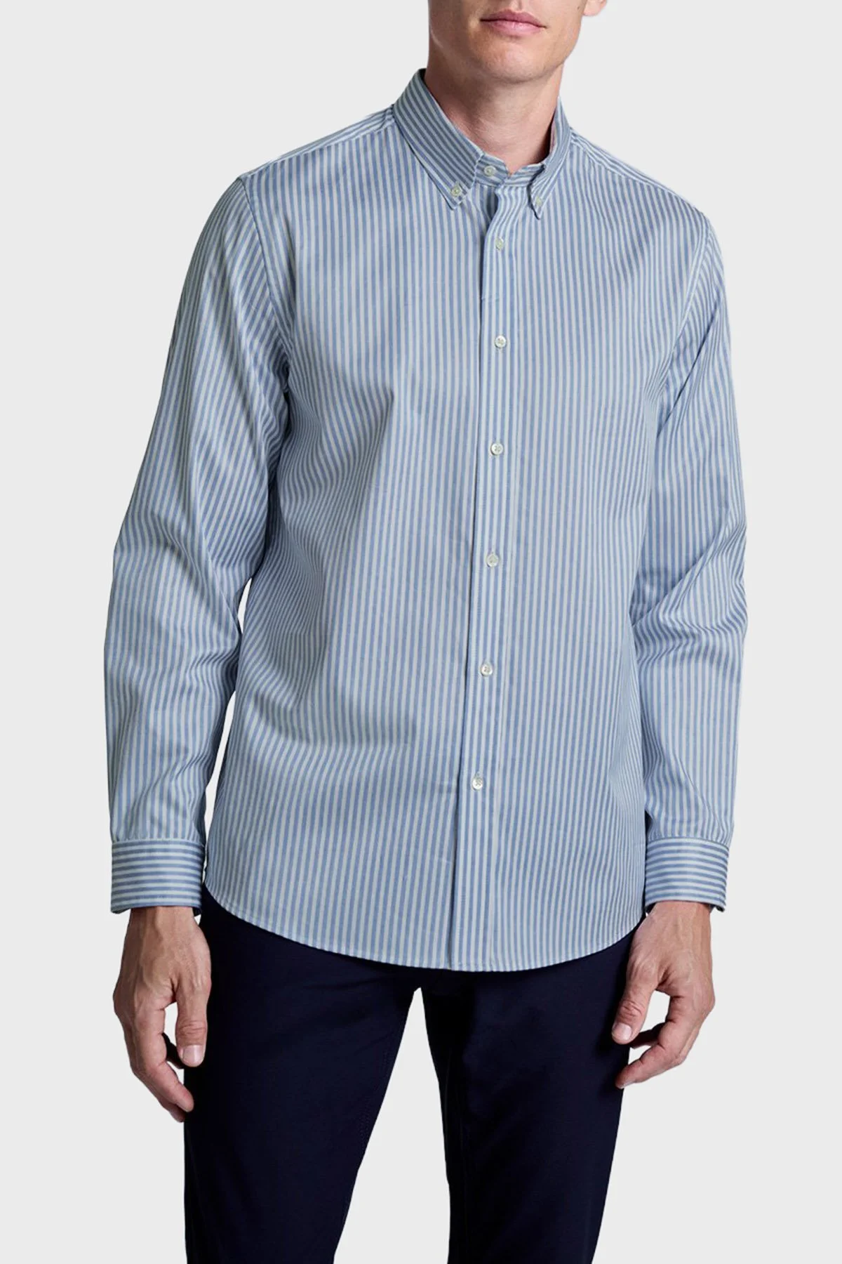 Bluemint Miles Çizgili % 100 Pamuk Regular Fit Düğmeli Yaka Erkek Gömlek BM25002704MW 651 AÇIK MAVİ - 1