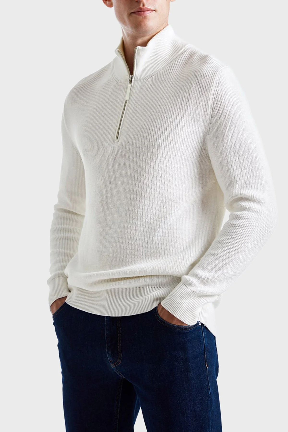 Bluemint Nelson % 100 Pamuk Relaxed Fit Yarım Fermuarlı Dik Yaka Erkek Kazak BM25020347MW 722 EKRU - 1