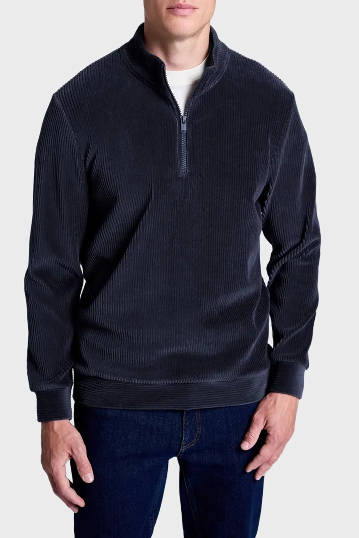 Bluemint Pamuklu Comfort Fit Yarım Fermuarlı Dik Yaka Kadife Erkek Sweat GAEL 155 Lacivert - 1