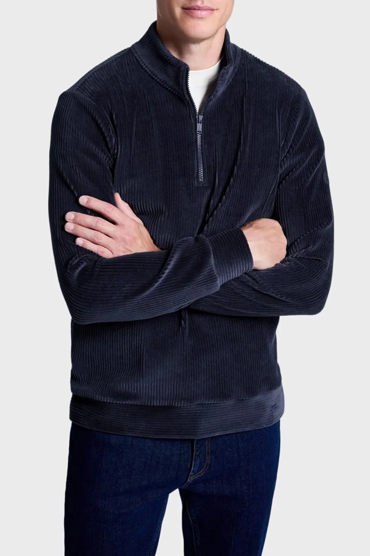 Bluemint Pamuklu Comfort Fit Yarım Fermuarlı Dik Yaka Kadife Erkek Sweat GAEL 155 Lacivert - 2