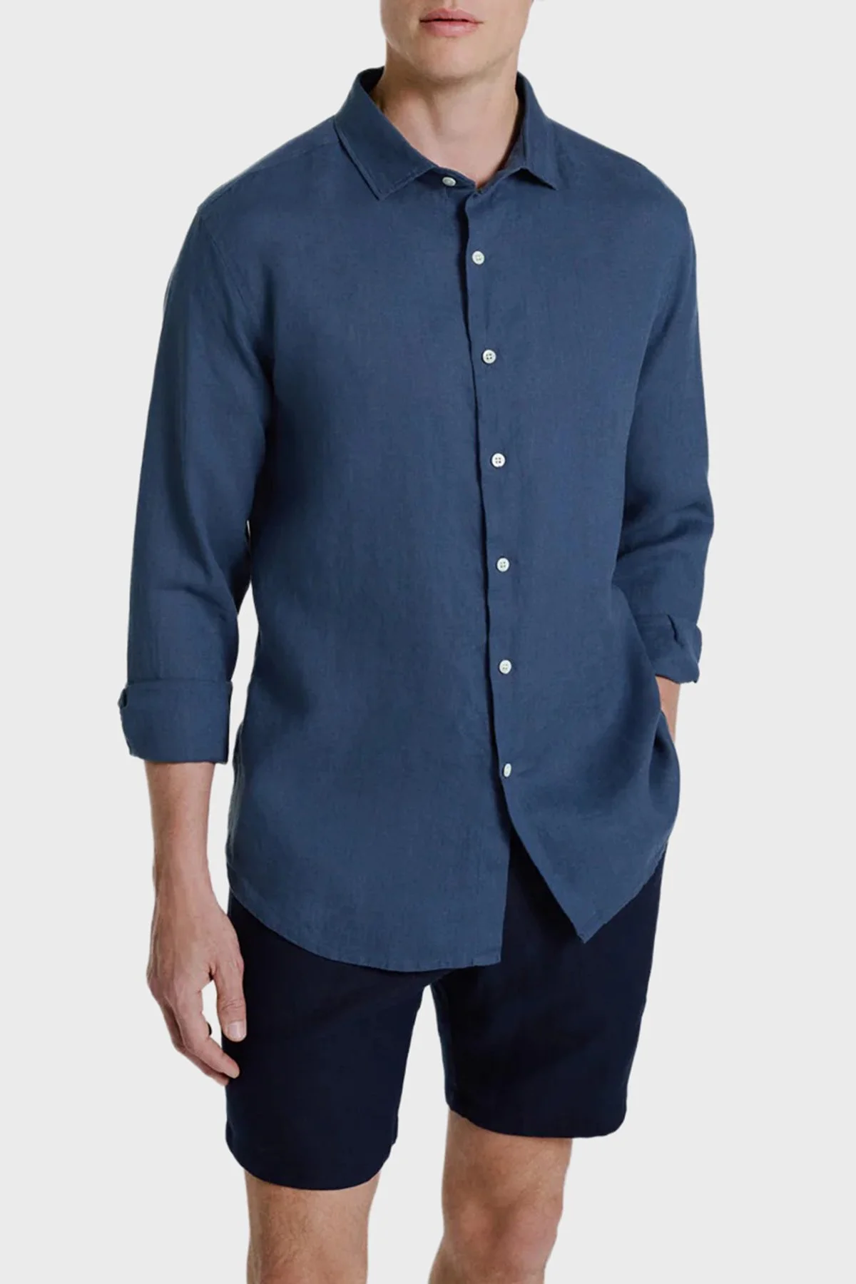 Bluemint Sedef Düğme Klasik Yaka Uzun Kollu Keten Erkek Gömlek LUCA 1324 LACİVERT - 1