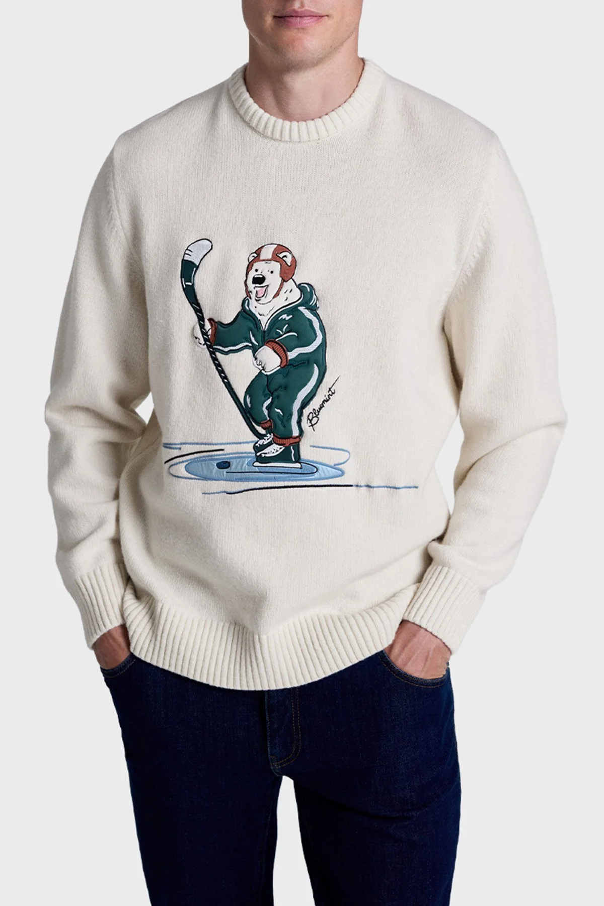 Bluemint Yün Karışım Comfort Fit Nakış Detaylı Erkek Kazak BM25019728MW1 257 EKRU - 1