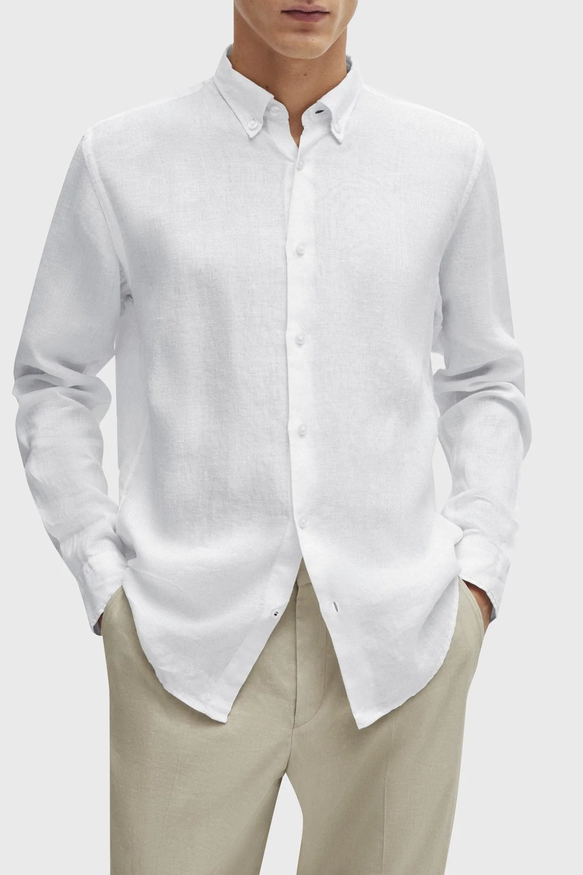 Boss % 100 Keten Düğmeli Yaka Regular Fit Erkek Gömlek 50513849 100 BEYAZ - 7